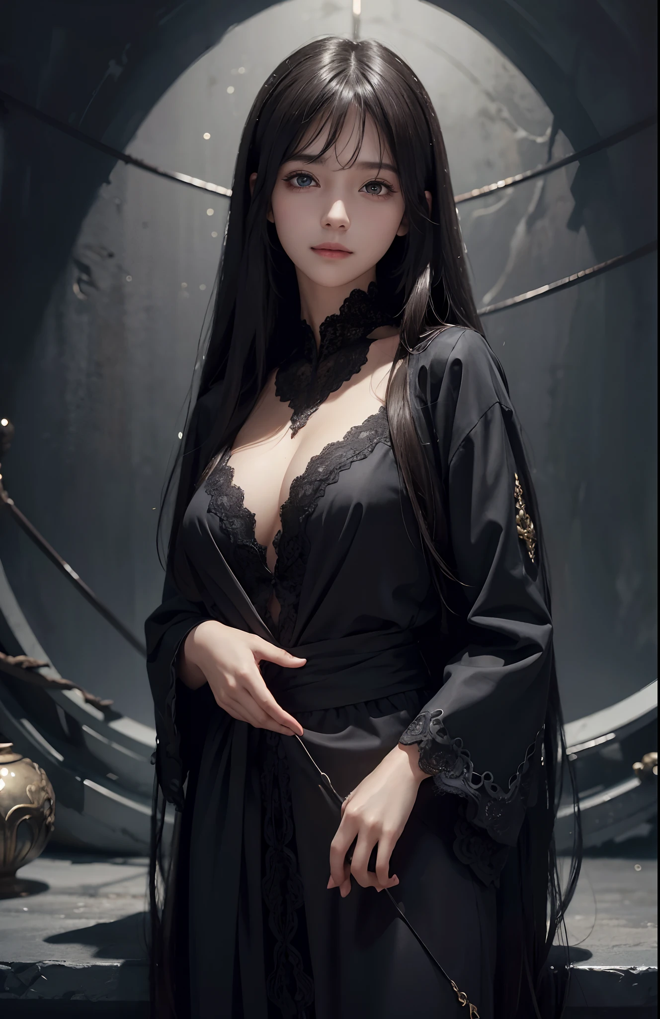 (Ultra Realistic), (Illustration), (Increased Resolution), (8K), (Extremely Detailed), (Best Illustration), (Beautiful and Detailed Eyes), (Best Quality), (Ultra Detailed), (Masterpiece ), ( wallpaper), (detailed face), solo, 1 girl, looking at viewer, fine details, detailed face, in the dark, deep shadows, low key, pureerosfaceace_v1, smiling, long hair, black shawl straight hair , 46 points oblique bangs