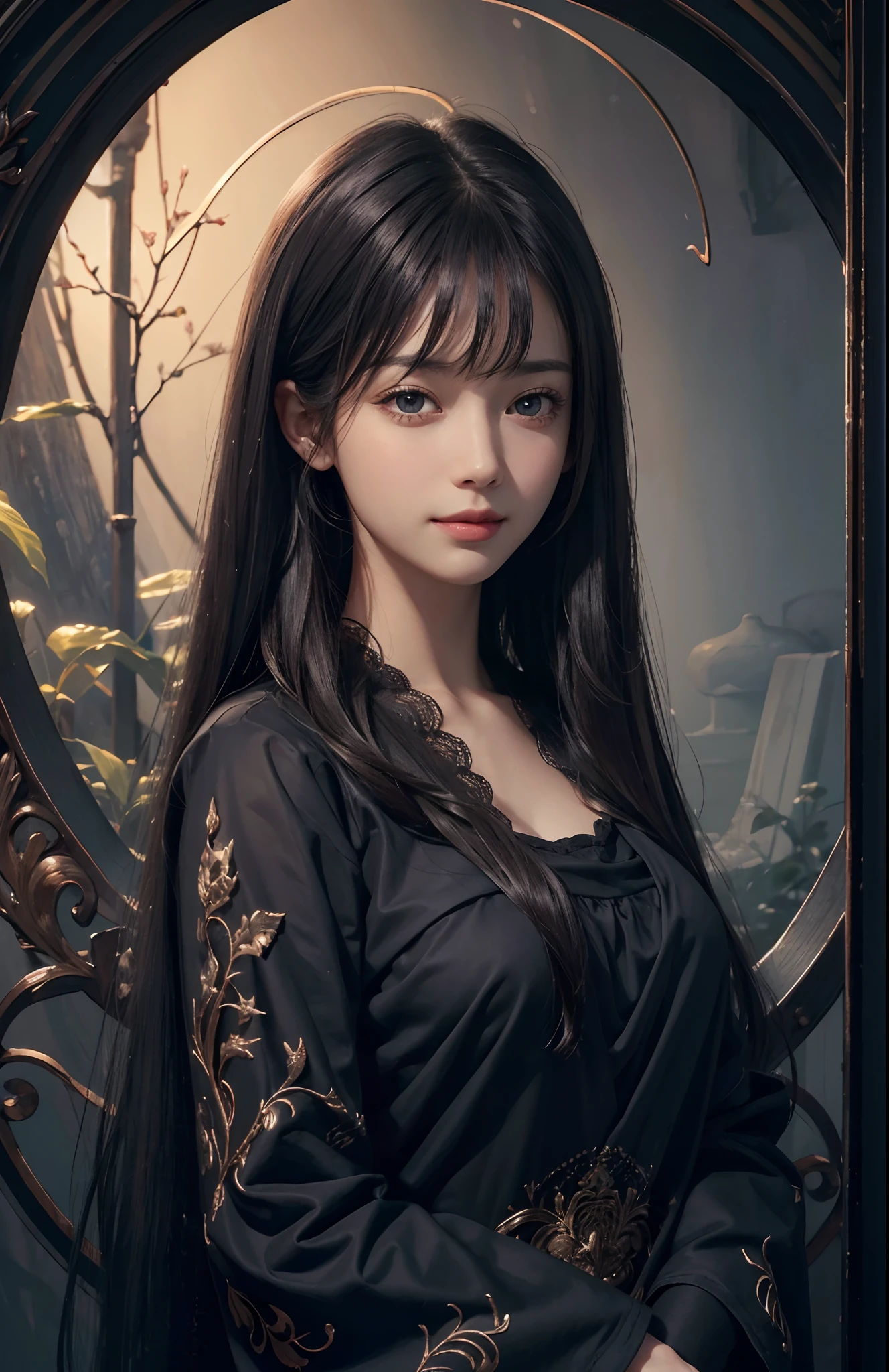 (Ultra Realistic), (Illustration), (Increased Resolution), (8K), (Extremely Detailed), (Best Illustration), (Beautiful and Detailed Eyes), (Best Quality), (Ultra Detailed), (Masterpiece ), ( wallpaper), (detailed face), solo, 1 girl, looking at viewer, fine details, detailed face, in the dark, deep shadows, low key, pureerosfaceace_v1, smiling, long hair, black shawl straight hair , 46 points oblique bangs