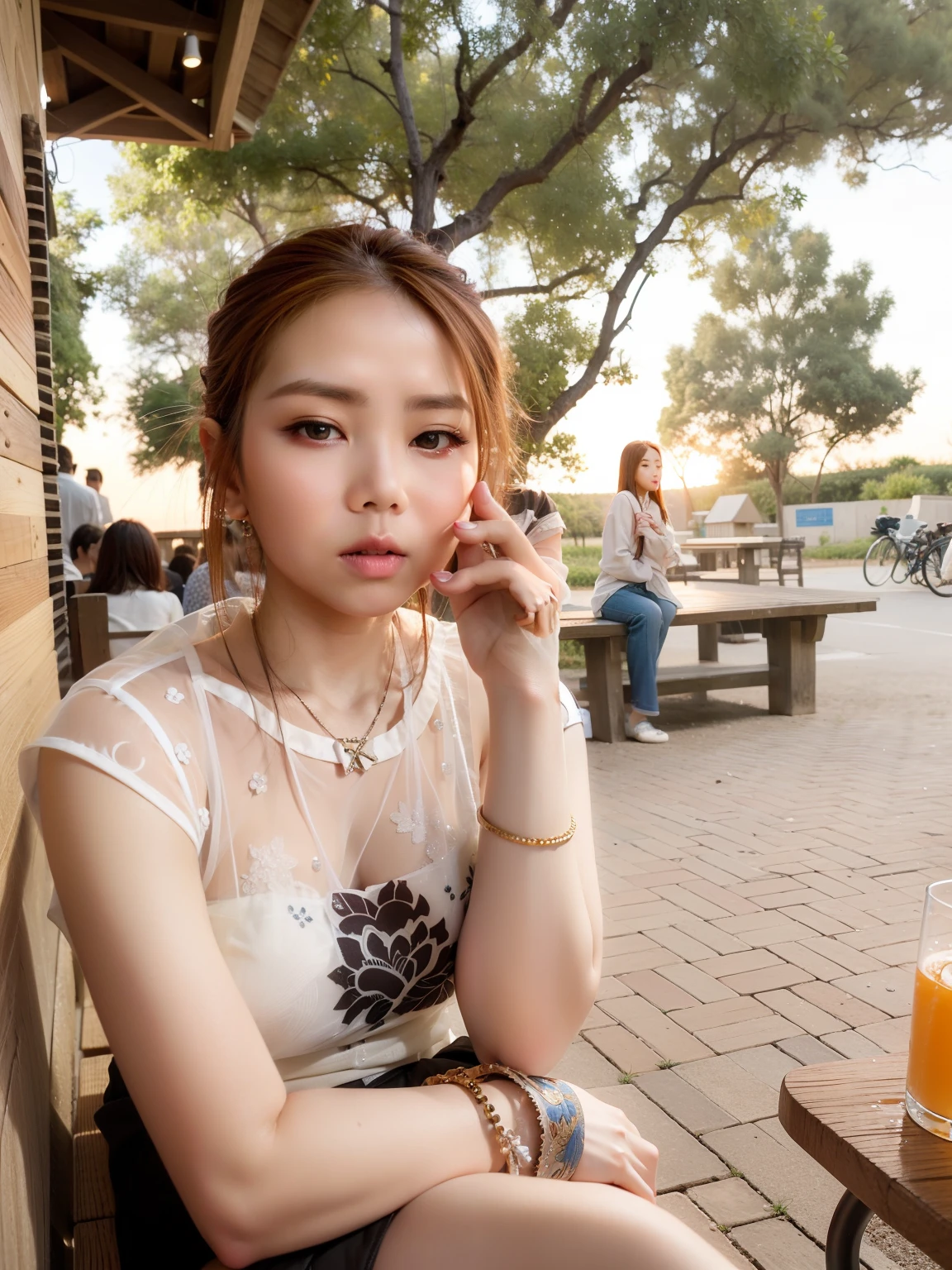 there is a woman sitting on a bench with a drink, with sunset, dang my linh, mai anh tran, photo taken with canon 5d, f / 1. 9 6. 8 1 mm iso 4 0, young cute wan asian face, a young asian woman, vietnamese woman, evening sunset, a cute young woman, girl cute-fine-face