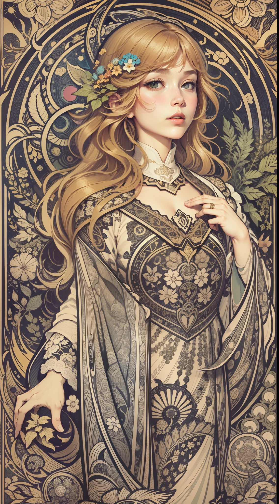Genshin, light hair, tarot card art, line art, clean line art, Nature-themed coloring mandala, colorful, simple and clean line art, adorned in Art Nouveau style, Alfons Mucha, perfect intricate details, realistic.