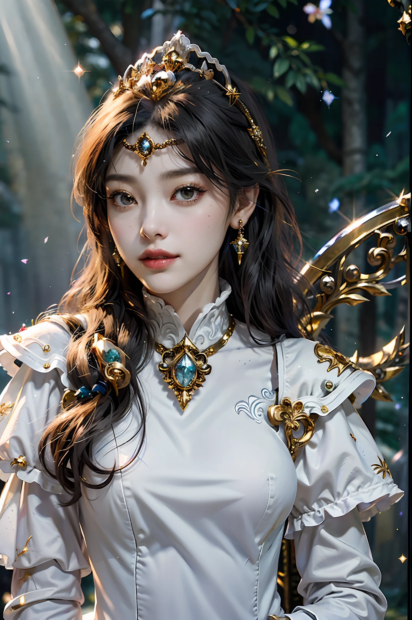 (mastrepiece), Professional , masterpiece、top-quality、photos realistic , depth of fields (Gemstone Silver Metal Body:1.9),(Matte White、Particles of light、Jewel Gold Weapon(Jewel Metal Body:1.4),Gorgeous Jewel Metal Weapons , Detailed Sword of the Brave ,( Soldier background in metal armor) ,warhammer 40k , adepta sororitas,Detail and ornate jewel crown、独奏、Black hair、Gangle's forest background、Beautiful Caucasian beauty、1a person、dynamic ungle,(((Diamond tiara with detail and luxury)))、a small face、A smile、Powerful poses、(Gorgeous castle background)、huge-breasted、20 year old beautiful woman、Stand in the center of the screen、Thin female fingers、Seductive look、
