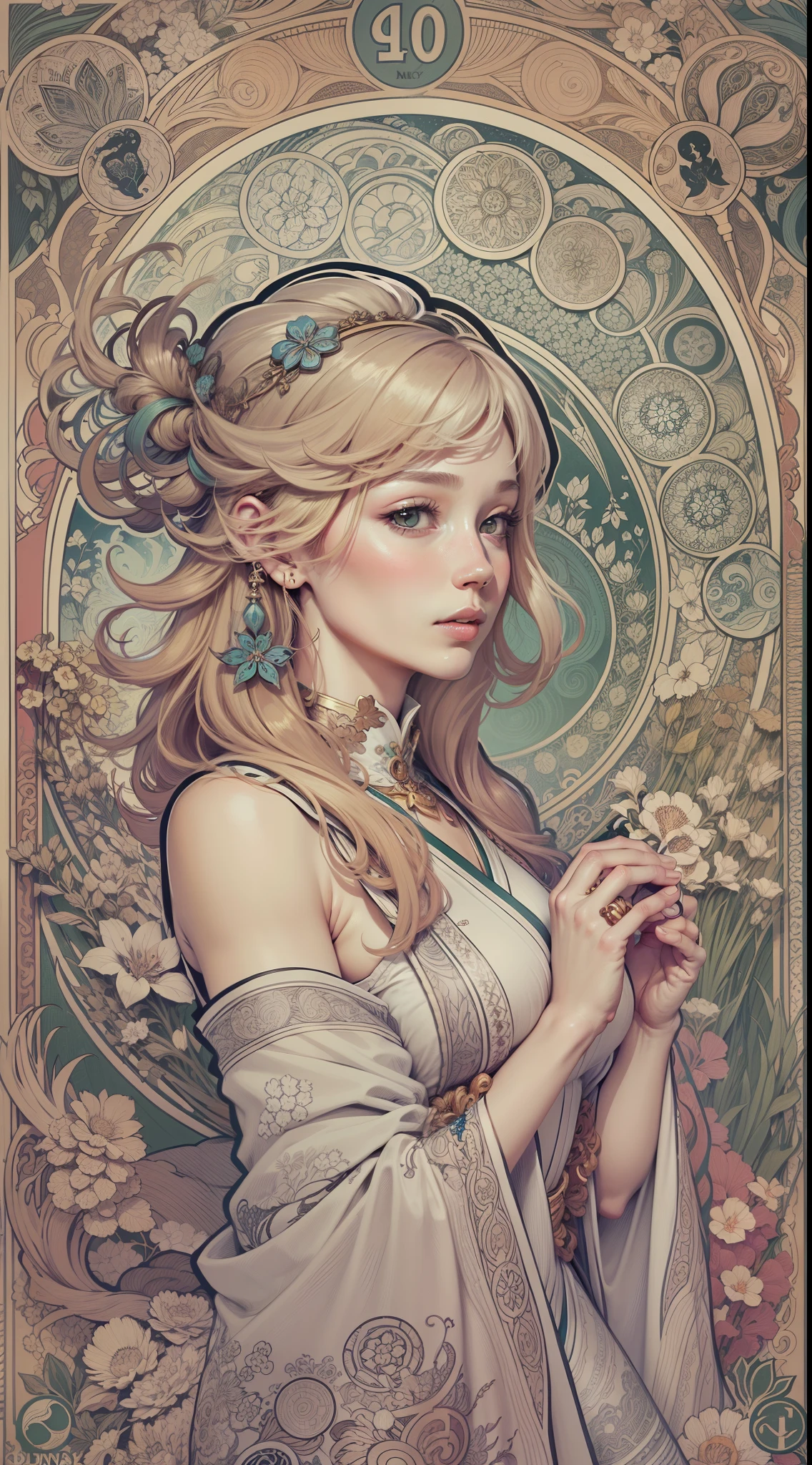 Genshin, light hair, tarot card art, line art, clean line art, Nature-themed coloring mandala, colorful, simple and clean line art, adorned in Art Nouveau style, Alfons Mucha, perfect intricate details, realistic.