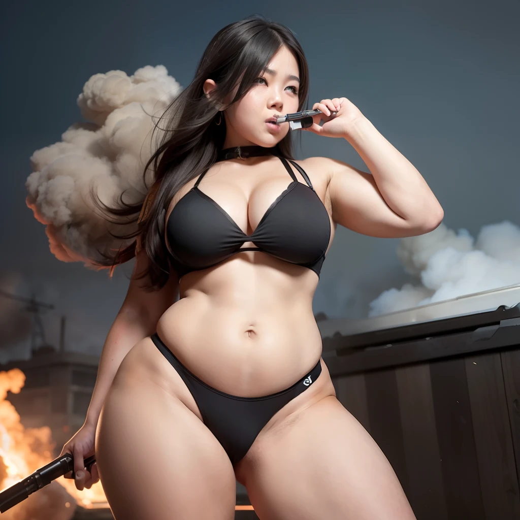 Girl, heavy weaponery, smoke everywhere, in underwear, chubby and muscular