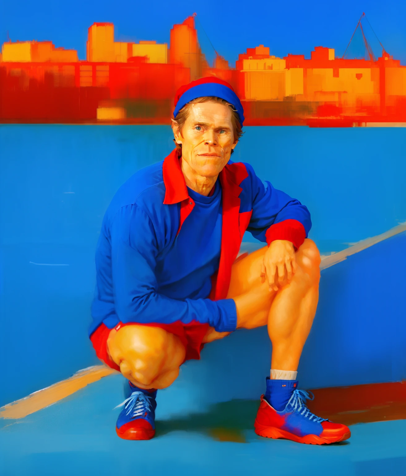 (lifelike realism) William Dafoe wearing blue clothes and a red durag and white shoes (William Dafoe face), lifelike picture of William Dafoe wearing blue, red durag