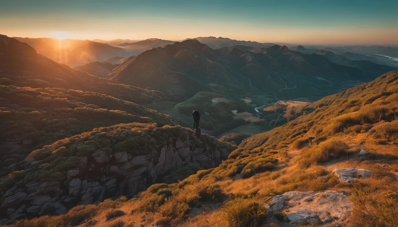 Tema: Two Men Talking with a Sense of Peace, Confidence and joy.
(master part, qualidade superior, papel de parede 8k, extremely high-resolution, ultra-realistic scenery, ultra detalhado). Ao fundo, stunning scenery. Soft-hued sunsets color the horizon over a serene lake. nuvens em movimento.
No centro, dois homens sentados conversam. young man Disciple, (30 anos, Rosto realista, cabelos pretos, rosto, olhos, boca e nariz bem detalhados, bonito), He talks to an Old Wise monk, 80 anos, risonho, cabelos brancos e longa barba branca, O Velho sentado emana harmonia e serenidade, semblante tranquilo.
Os dois homens tem vista de cima para a paisagem das montanhas a partir do cume, (tiro longo extremo), ultra-wide angle, air shot, blue skies: montanhas, natureza, floresta, pedras, contraste, clear sky, analogue style (matiz quente, tom quente), close-up, cinematiclight, side-lighting, Ultra high resolution, melhor sombra, RAW, kodak vision 3, (rio da montanha), (floresta verde), cachoeira. toque surreal. The color palette accompanies the sunset, com tons suaves de verde, azul, laranja e dourado. [ultra-highresolution, fotografia realista, surrealismo, semelhante a um sonho, FusionArt], IMAGEM SUPER REALISTA, melhor qualidade, Perfect details and lighting, Ralist and dramatic atmosphere. 
ultrarrealista, 8K, extremamente detalhado, Perfect facial stroke and textures . A cena transmite paz, Confidence and joy, capturing the essence of the conversation. obra-prima, a fusion of technique and emotion,(detalhada), melhor qualidade em todos os aspectos. atmosfera calma, alta qualidade, altamente detalhado CG unidade de papel de parede 8k, oil-painting, fotografia premiada, , profundidade de campo, HDR, bloom, foto realista, altamente detalhado, trending in artstation, trend in CGSociety, intrincado, alto detalhe, dramatic, volumeric lighting. 
Sunset view, laranja cintilante, foto em alta, It's absolutely mesmerizing