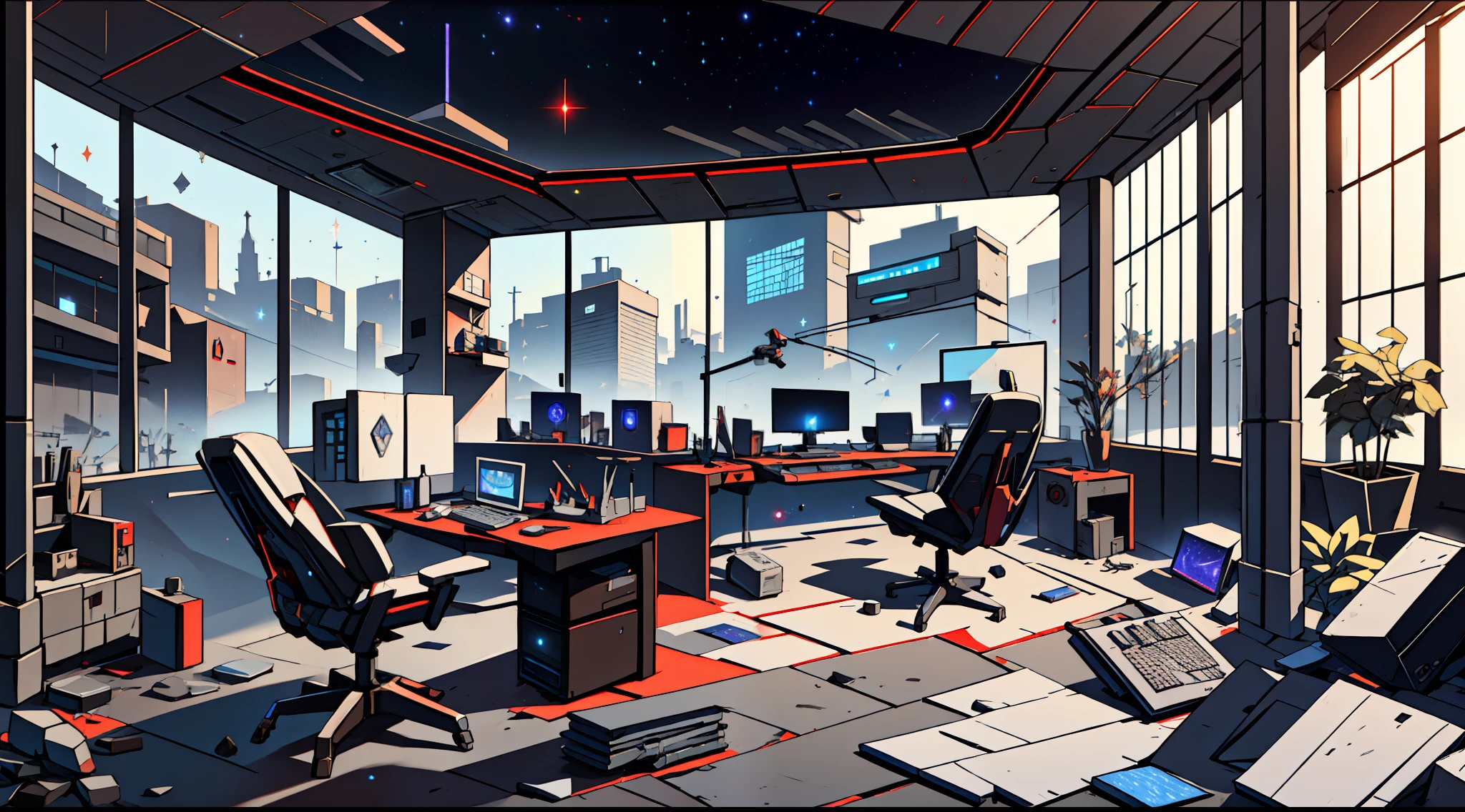 Warm light source Cyberpunk Calm night Tech bedroom Computer desk Microphone light Computer water dispenser Small fluorescent Starry sky Smooth floor Red fox Deconstructivism Fragmentation Gorgeous sculpture Floor-to-ceiling windows Light bed Camera chair Game interface Crimson Dark environment Ambilight