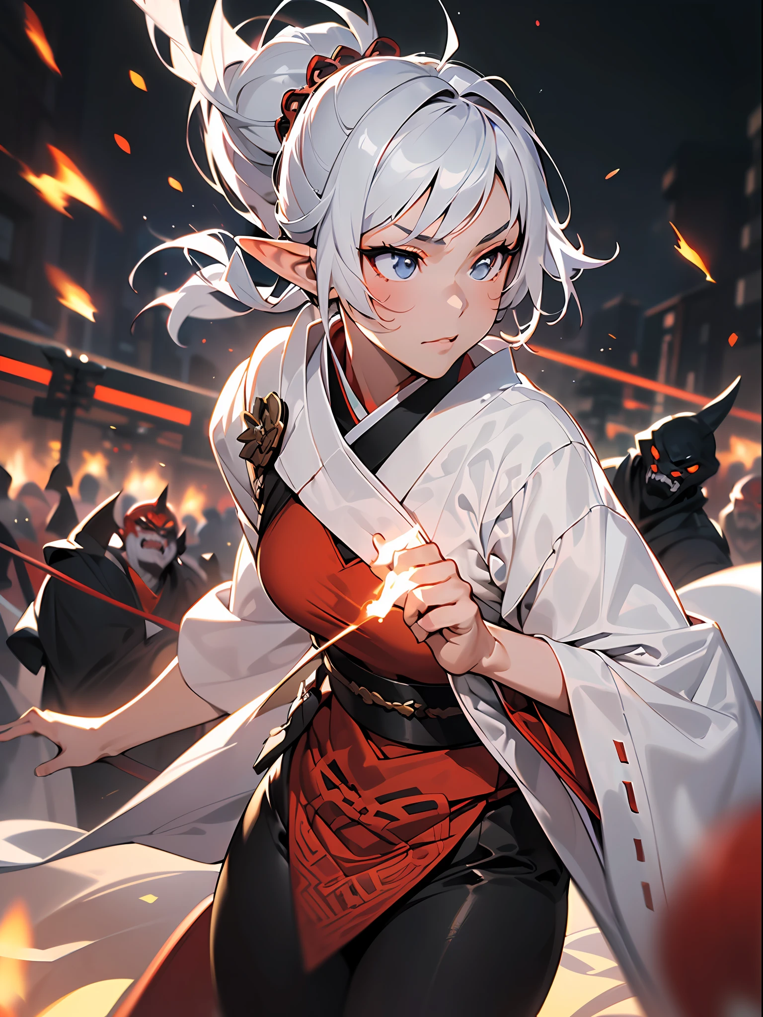 ((jpn)),((Best Quality)),((Beautifully painted)),((hight resolution)),1girl in,Luminescent Beautiful Elf Girl,(((onmyouji))),((suikan)),White cloak,Luminescent bushy silver-haired ponytail,nice hand, Perfect hands,armor,((Fight with black demon monsters in the streets of Tokyo at night)),((Elf girl draws dazzling lines of light with her fingertips)),((Explosive flames flying violently)),(face forcus),((((motion blur)))),(((dynamic angles))),((cinematic lighting))