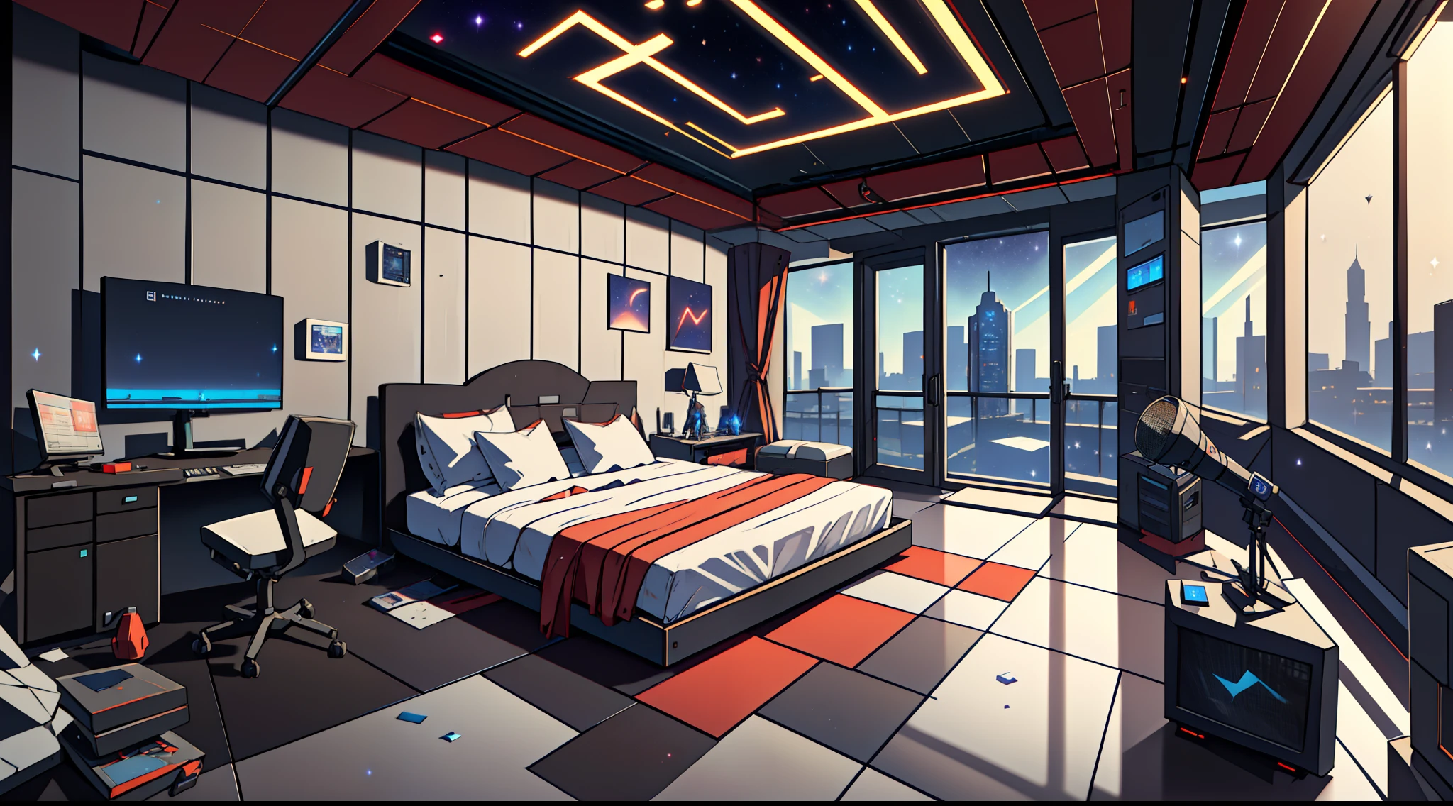 Warm light source Cyberpunk Calm night Tech bedroom Computer desk Microphone light Computer water dispenser Small fluorescent Starry sky Smooth floor Red fox Deconstructivism Fragmentation Gorgeous sculpture Floor-to-ceiling windows Light bed Camera chair Game interface Crimson Dark environment Ambilight