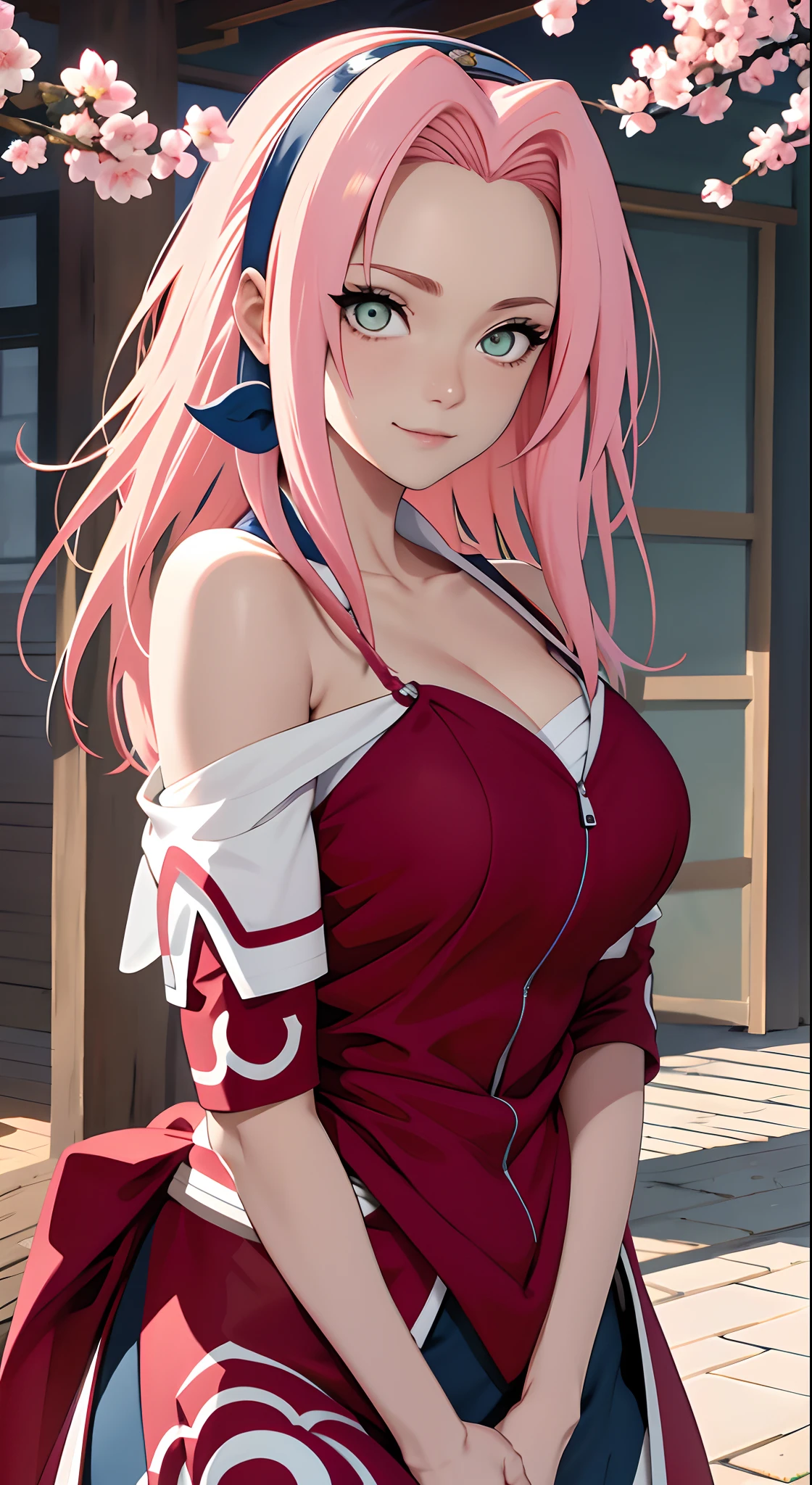 Man with long pink hair, sky blue eyes, White skin, She wears a dark cherry red Haori that covers her bare skin., estilo kimetsu no yaiba, comic