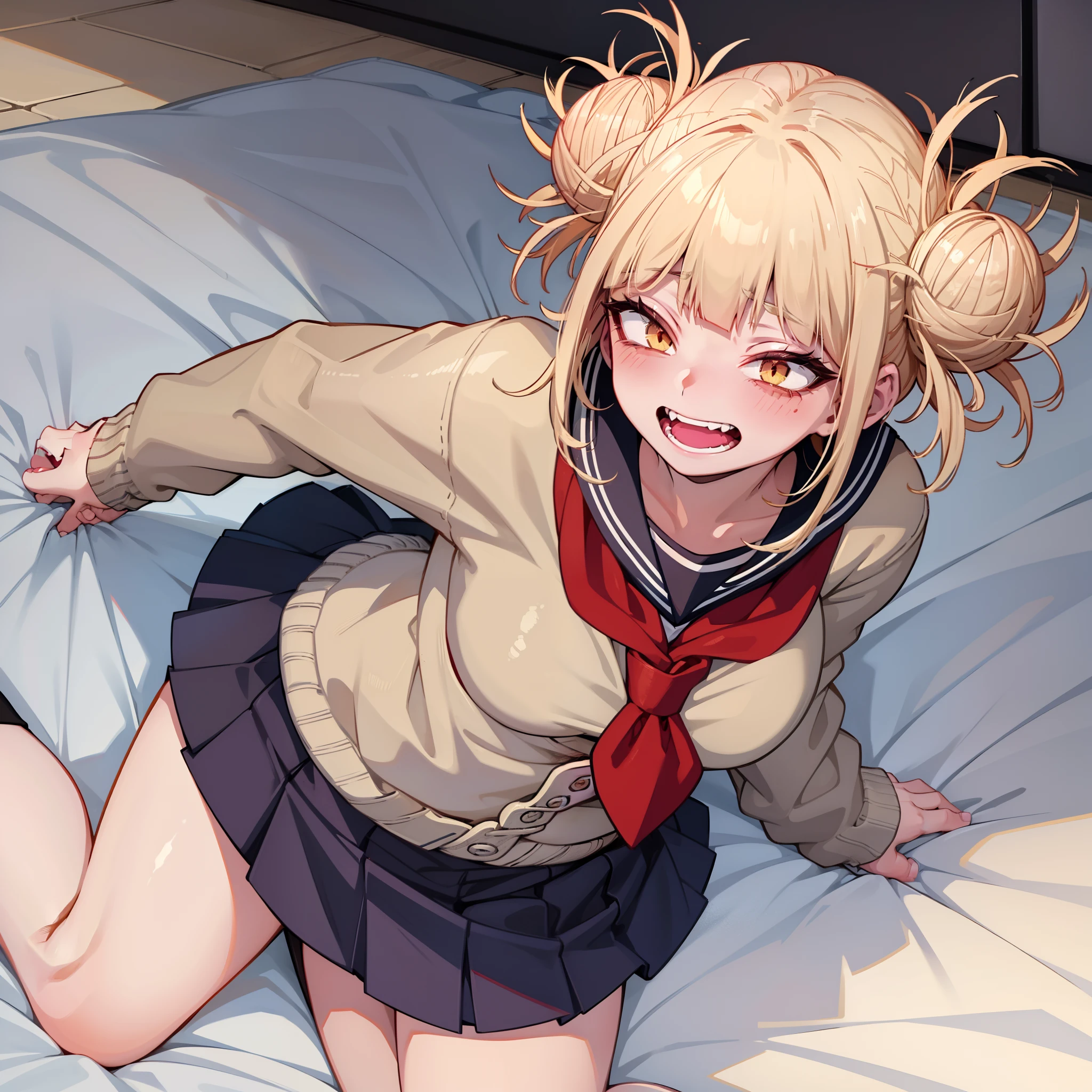 Toga Himiko.fofo.camisa branca、saia plissada、Adivinhe o sorriso do rosto、Yandere、Aumentar os seios