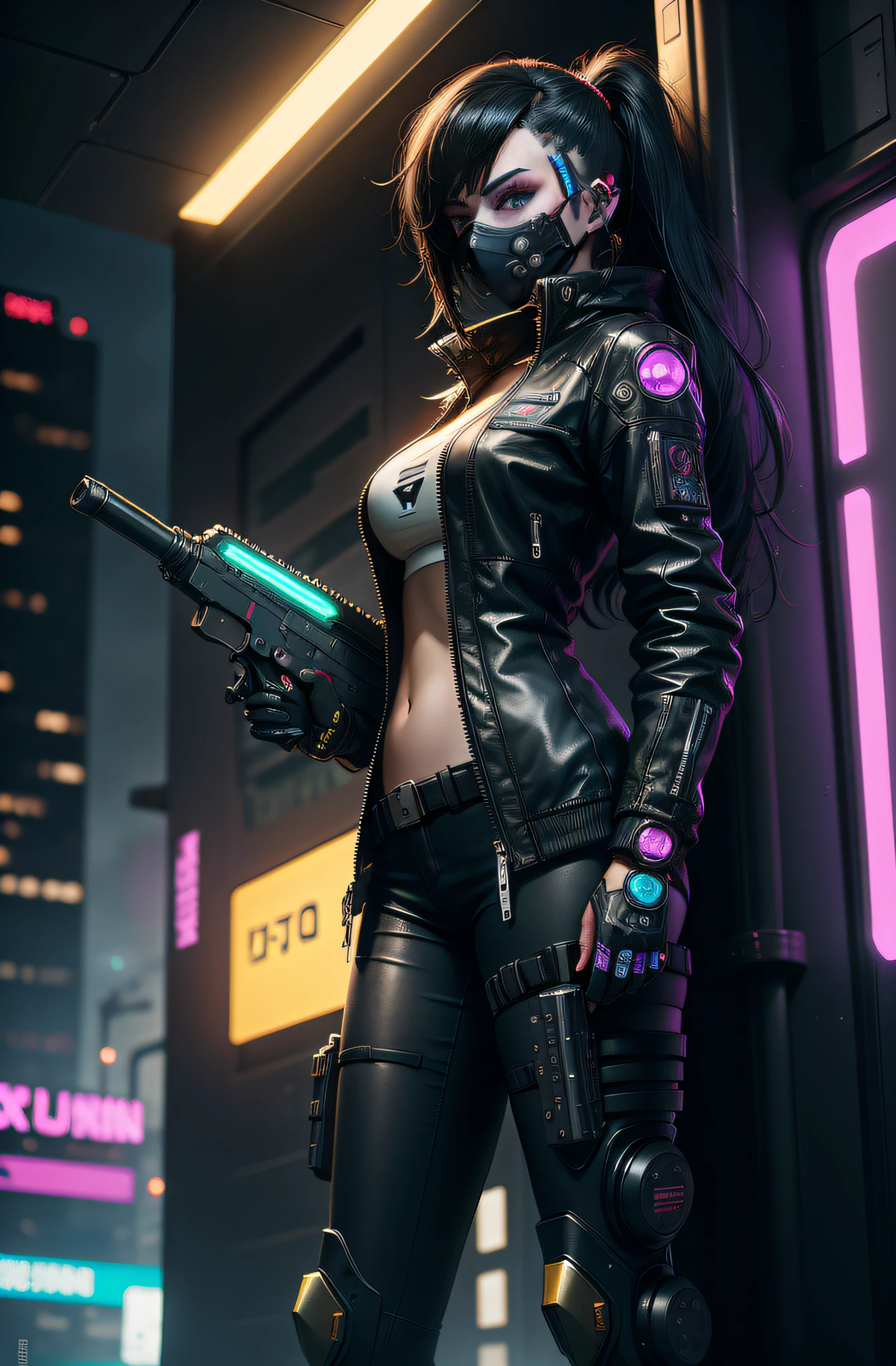 3/4 shot.Unbeatable masterpiece, Ultra photo realsisim, Perfect Artwork, Intricate details, Best Quality, strong lights,High contrast,((Post apocalyptic futuristic Cyberpunk , outline):1.35) , ((masterpiece)),((Extremely detailed)) , ((extremely detailed and beautiful face)) , Smoky makeup, Perfectcomposition , intricate detailes , neon light , neon trim, (full body Esbian:1.25) , (Official art) , Very delicately beautiful cyberpunk girl, long rainbow colored hair blowing in the wind, cybernetic limbs, vibrant yellow eyes, long detailed eyelashes, huge enormously gigantic tits, cleavage showing, wearing highly detailed futuristic oversized hooded battle armor, tons of tattoos and piercings(1girl:1.3) , Solo , (glass screen:1.2) , (Clear glass) , Tindall Effect , Colorful refraction , visual impact , (High light contrast) , Colorful , Melt , (Cyberpunk:1.2) ,(flinch :1.4) ,