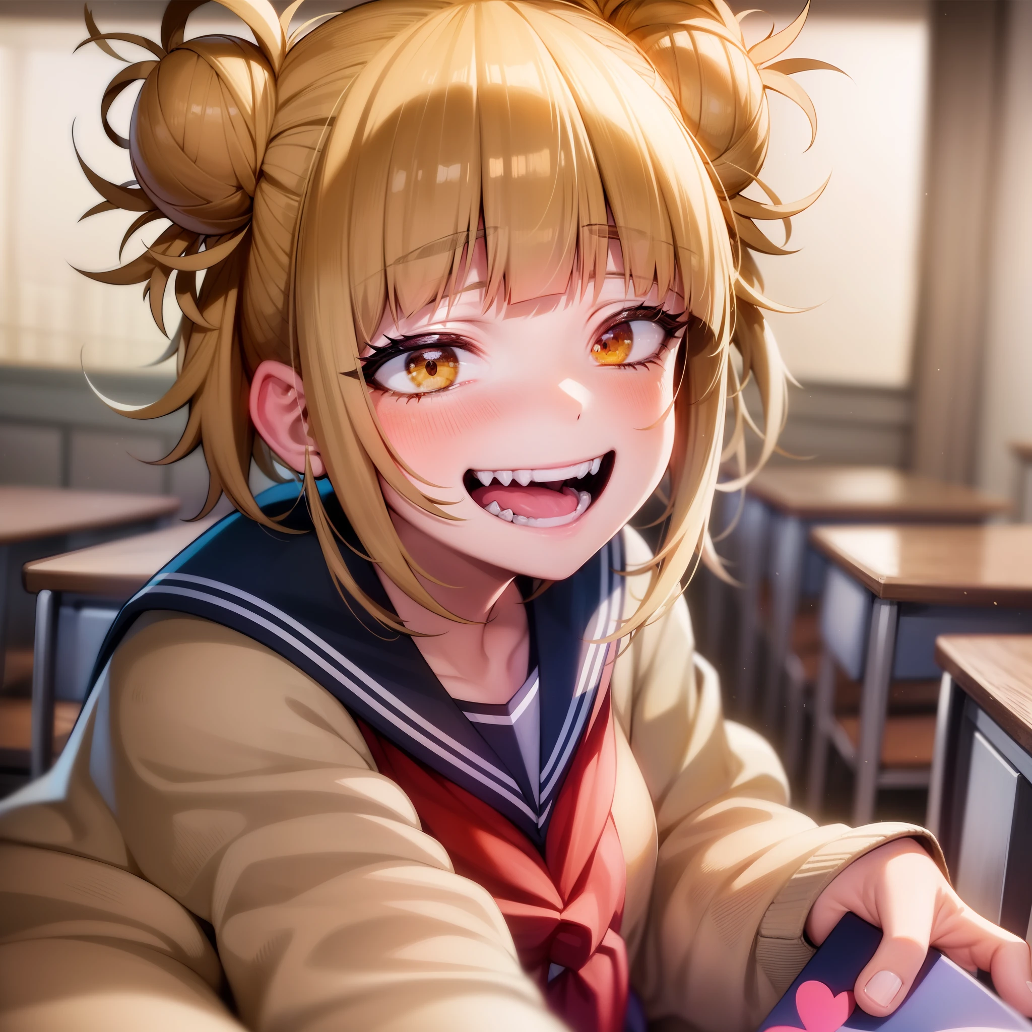 Togahimiko, 1girl, sozinho, bolsas sob os olhos, corar, boca aberta, caixa, Olhando para o Viewer, Presas, propriedade, (cardigan:1.2), heart-shaped box, sorriso maligno, sorriso maldoso, (sorriso louco:1.2), sala de aula, mangas compridas, dente, presente, Heart, parte superior do corpo, Colar de marinheiro azul, segurando presente