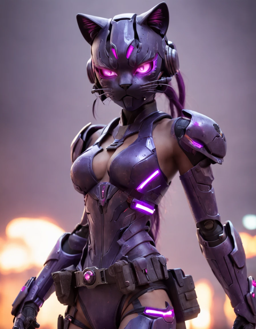 REALISTIC ANIME STYLE, JAPANESE ANIME, REAL ANIME, RAGE UNLEASHED, ANGRY, african american  cat face young girl cyborg soldier HEAVY CAT ARMOR, MECHA CAT HELMET, HELLO KITTY with PURPLE GRENADES, GRENADES BELT, DARK PURPLE PIG TAILS, glowing purple eyes, heavy mecha armor, cybernetic, cyberpunk Assasin, on planet venus, wasteland, apocalypse, barren venus planet, cinematic, volume lighting, PURPLE SMOKE EXPLOSION