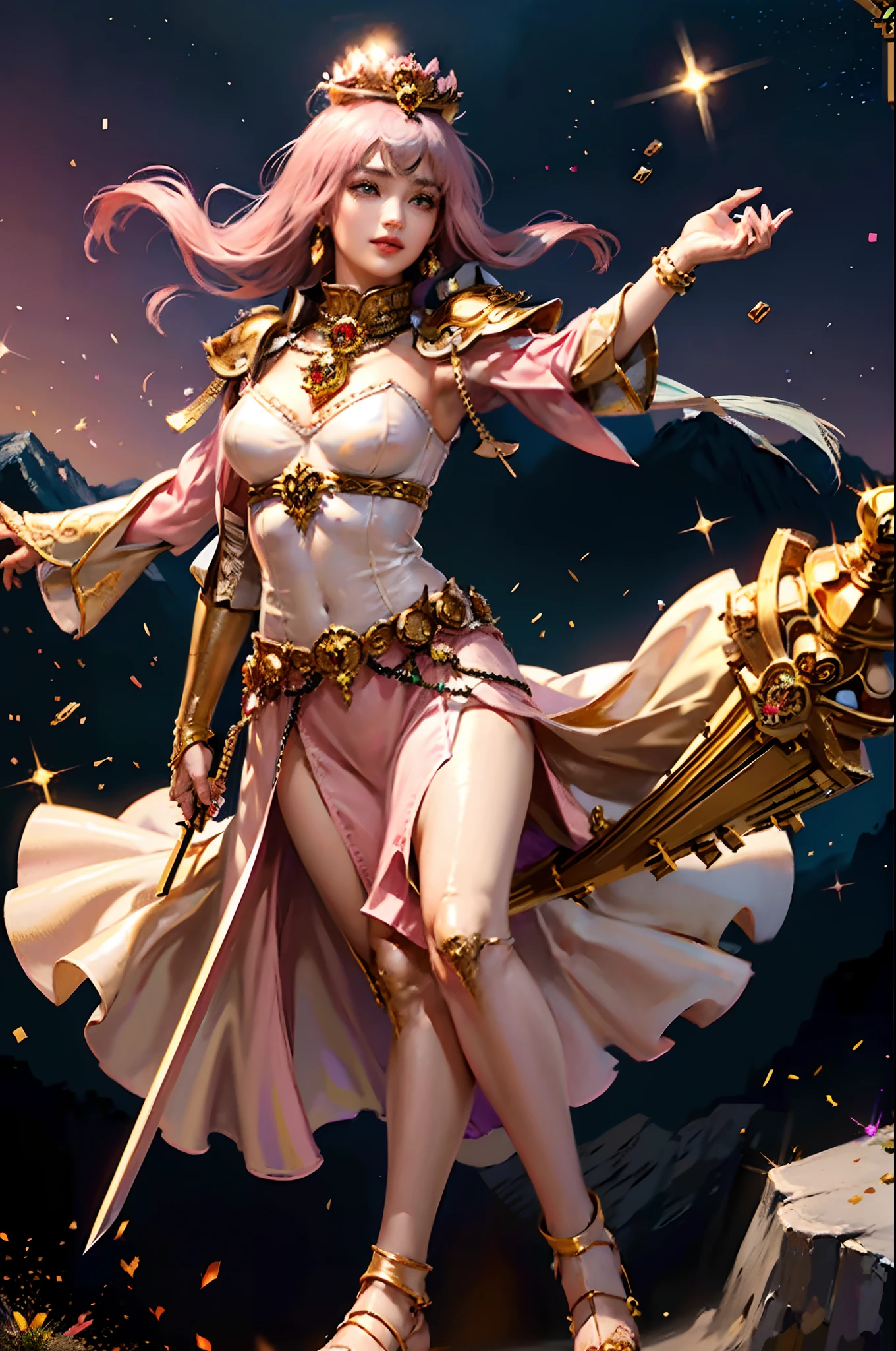 (masterpiece), Professional , masterpiece、top-quality、photos realistic , depth of fields (Gemstone Silver Metal Body:1.9),(Matte Pink、Particles of light、Jewel Gold Weapon(Jewel Metal Body:1.4),Gorgeous metal weapons , Detailed Sword of the Brave , Beautiful knife ,warhammer 40k , adepta sororitas,Detail and ornate jewel crown、Black hair、Gangle's forest background、Beautiful Caucasian beauty、1a person、dynamic ungle,(((Detailed and ornate diamond crown)))、Smaller head、A smile、Take a sexy pose、Background inside the castle、Thin and beautiful female hands、