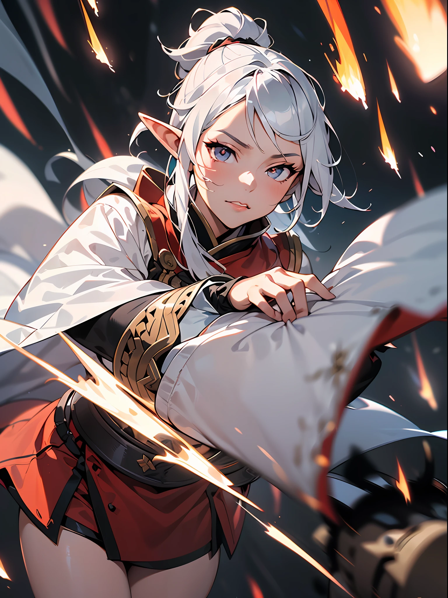 ((jpn)),((Best Quality)),((Beautifully painted)),((hight resolution)),1girl in,Luminescent Beautiful Elf Girl,(((onmyouji))),((suikan)),White cloak,Luminescent bushy silver-haired ponytail,nice hand, Perfect hands,armor,((Battle fiercely clashing with a black demon monster in the night streets of Tokyo)),((Elf girl draws dazzling lines of light with her fingertips)),((Explosive flames flying violently)),(face forcus),((((motion blur)))),(((dynamic angles))),((cinematic lighting))