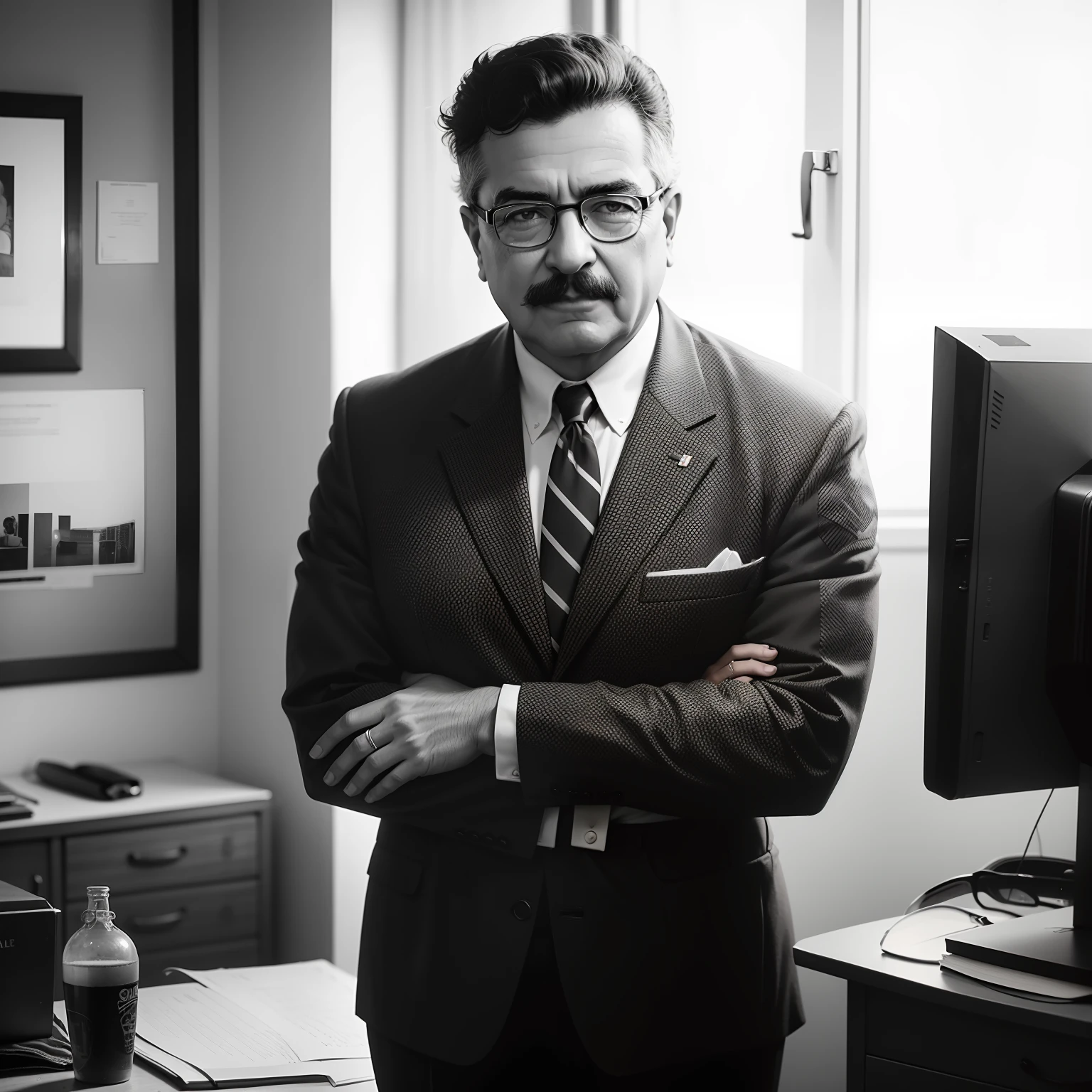 An old ???? photograph of a 40-year-old politician (semelhante a Salvador Allende), With eye Glasses, terno e um bigode chevron, posing seriously in your office.