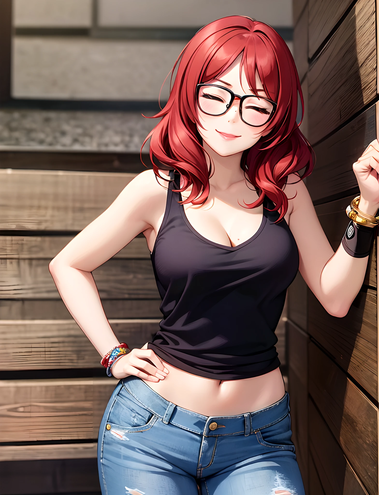 Nishikino maki, closed eyes, red hair, lipstick,red tank top, denim pants,low waist pants,glasses, bracelet, cleavage, realistic art, cowboy shot, sexy, standing,  one side up, smile