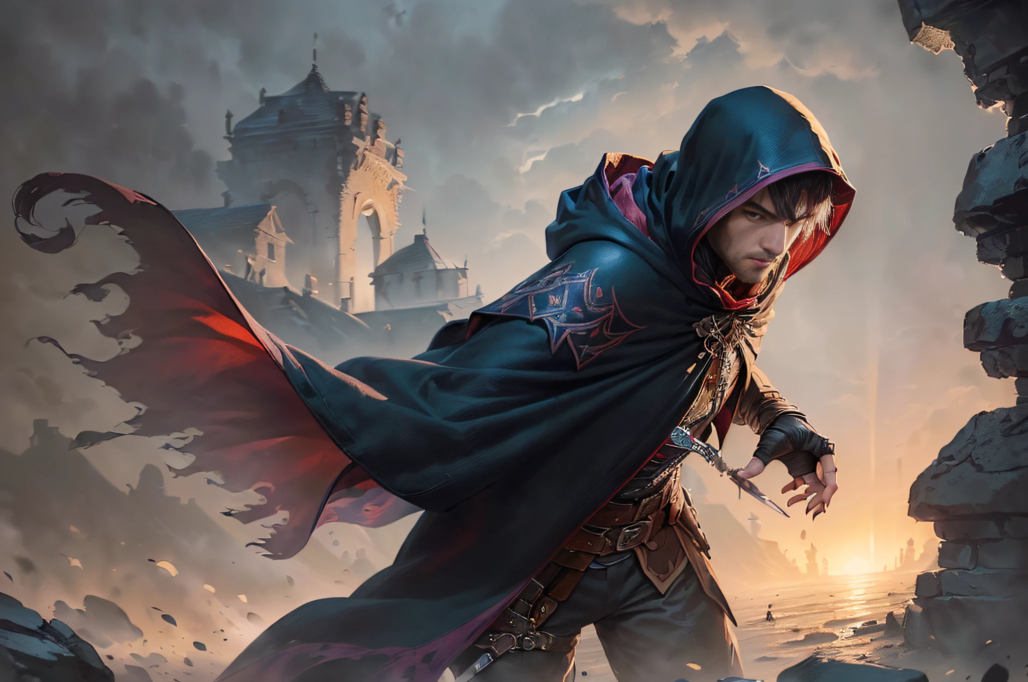 (superfine illustration, Best Quality, Ultra-detailed, correct depiction, Perfect fingers, Perfect hands, medieval fantasy:1.5), (dreadful assassin, male focus, solo:1.5), (pounce on viewer:1.5), expressionless, (assassin's costume, assassin's cloak, fingerless gloves:1.5), midnight town as background, male hair, extremely short hair, purple hair,