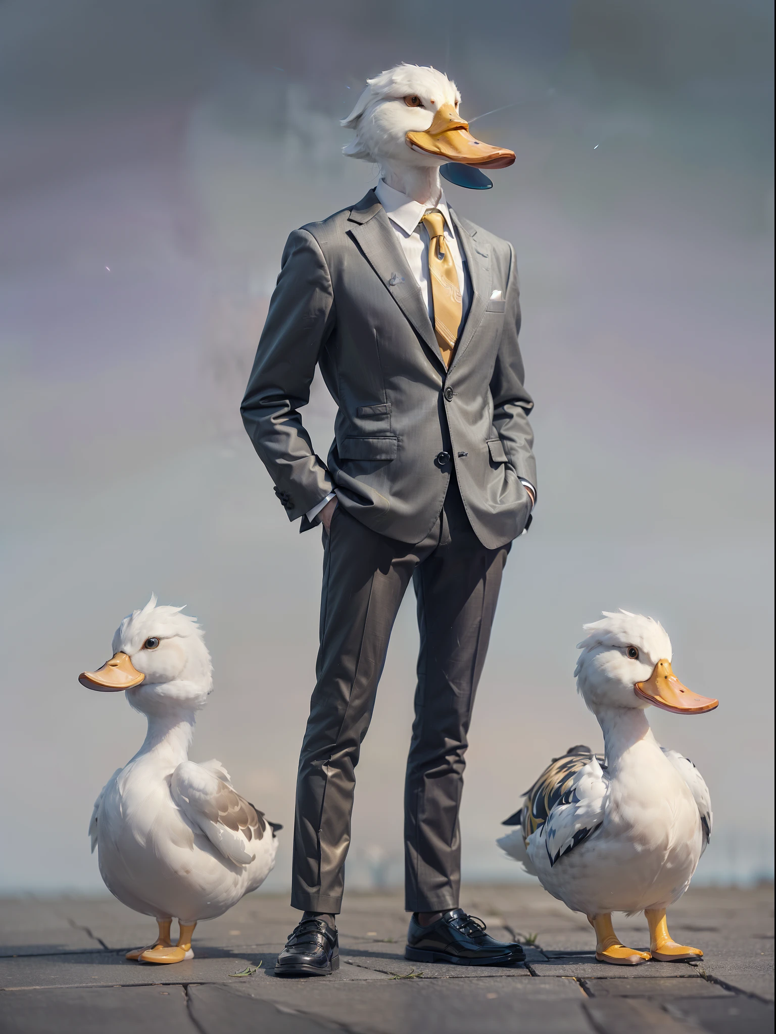 (((fullbody image、Standing posture)))、(Full body duck standing upright in luxury business suit、Humanoid ducks、Cool anthropomorphic duck with long legs)、masterpiece, top-quality, in 8K , intricate detailes, ultra-detailliert , light Particle、32K Digital Paint, Hyper-Realism, No background