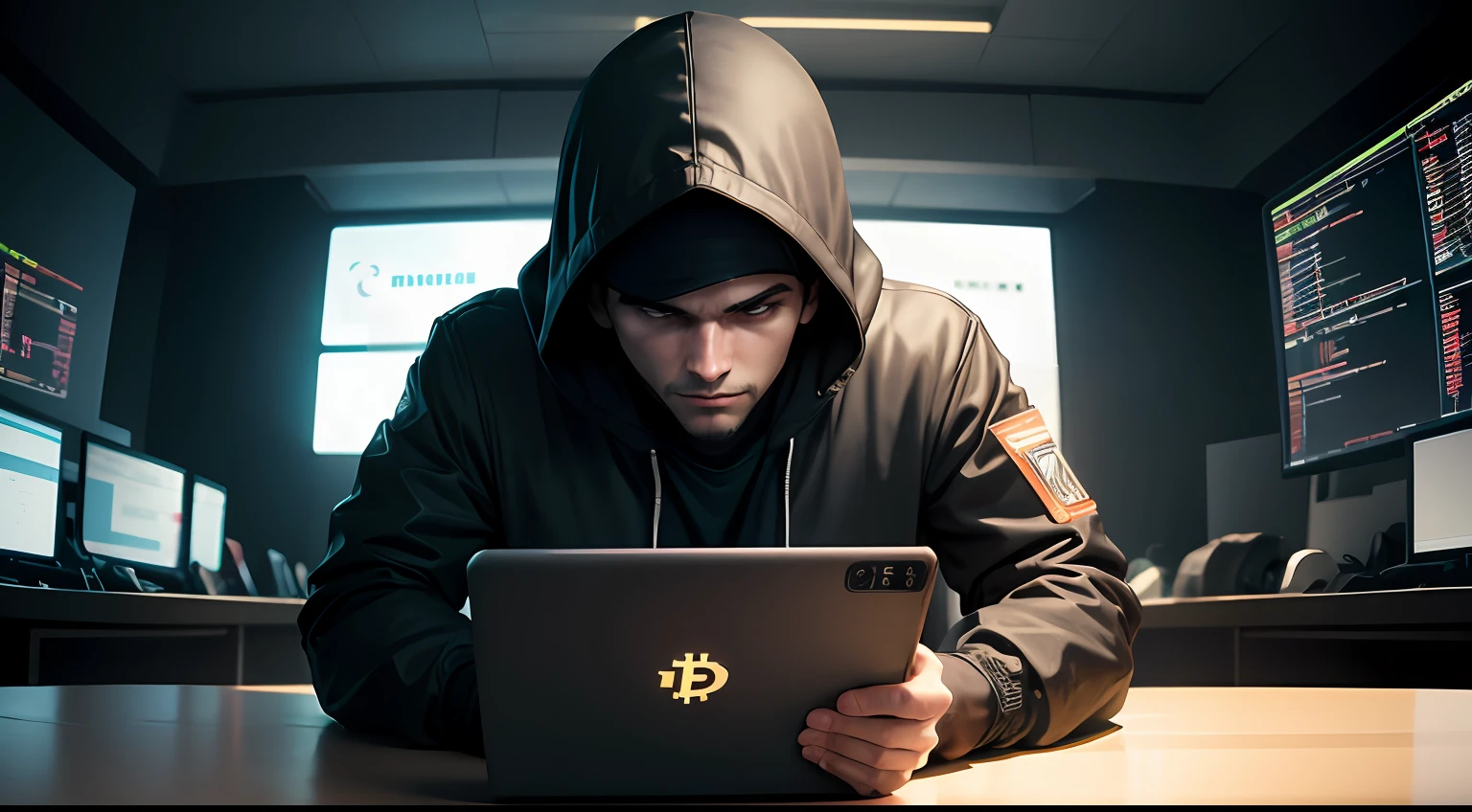 Create an image of a hacker in a room with several Bitcoin on the table