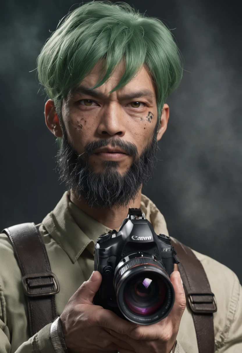 REALISTIC ANIME STYLE, JAPANESE ANIME, REAL ANIME, RAGE UNLEASHED, ANGRY,  binoculars eyes, african american old man, white long beard cyborg soldier CAMERA LENSE HELM, ZOOM LENS GUN, GREEN HAMMER, GREEN CURLY SHORT HAIR, REFLECTIVE LENS EYES, heavy mecha armor, cybernetic, cyberpunk SPY, on planet venus, wasteland, apocalypse, barren venus planet, cinematic, volume lighting, PURPLE SMOKE EXPLOSION