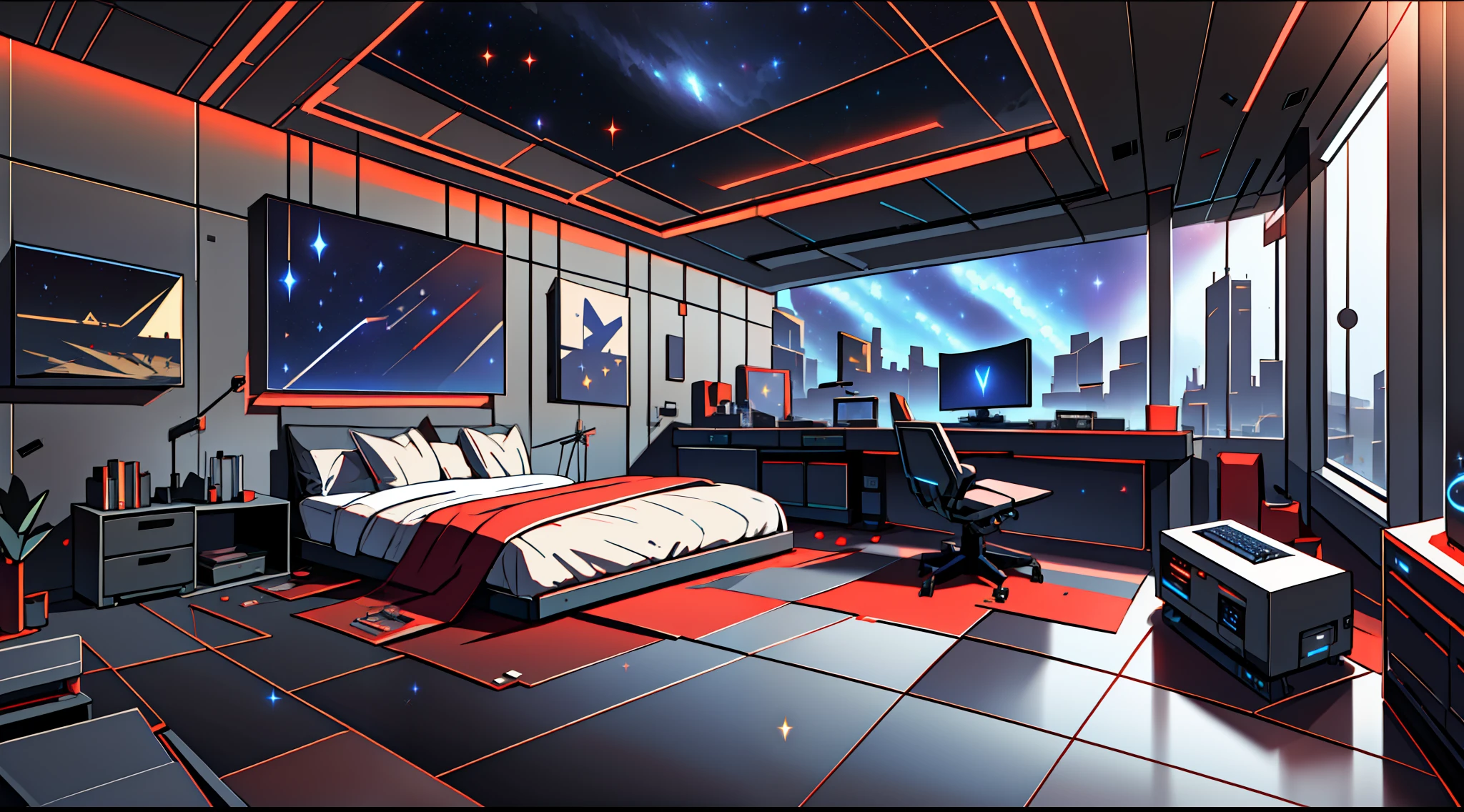 Warm Light Source Cyberpunk Calm Night Tech Bedroom Computer Desk Microphone Light Computer Water Dispenser Small Fluorescent Starry Sky Smooth Floor Red Fox Deconstructivism Fragmentation Gorgeous Sculpture Floor-to-ceiling windows Lightweight bed Camera chair Game Interface Crimson Dark environment Ambilight