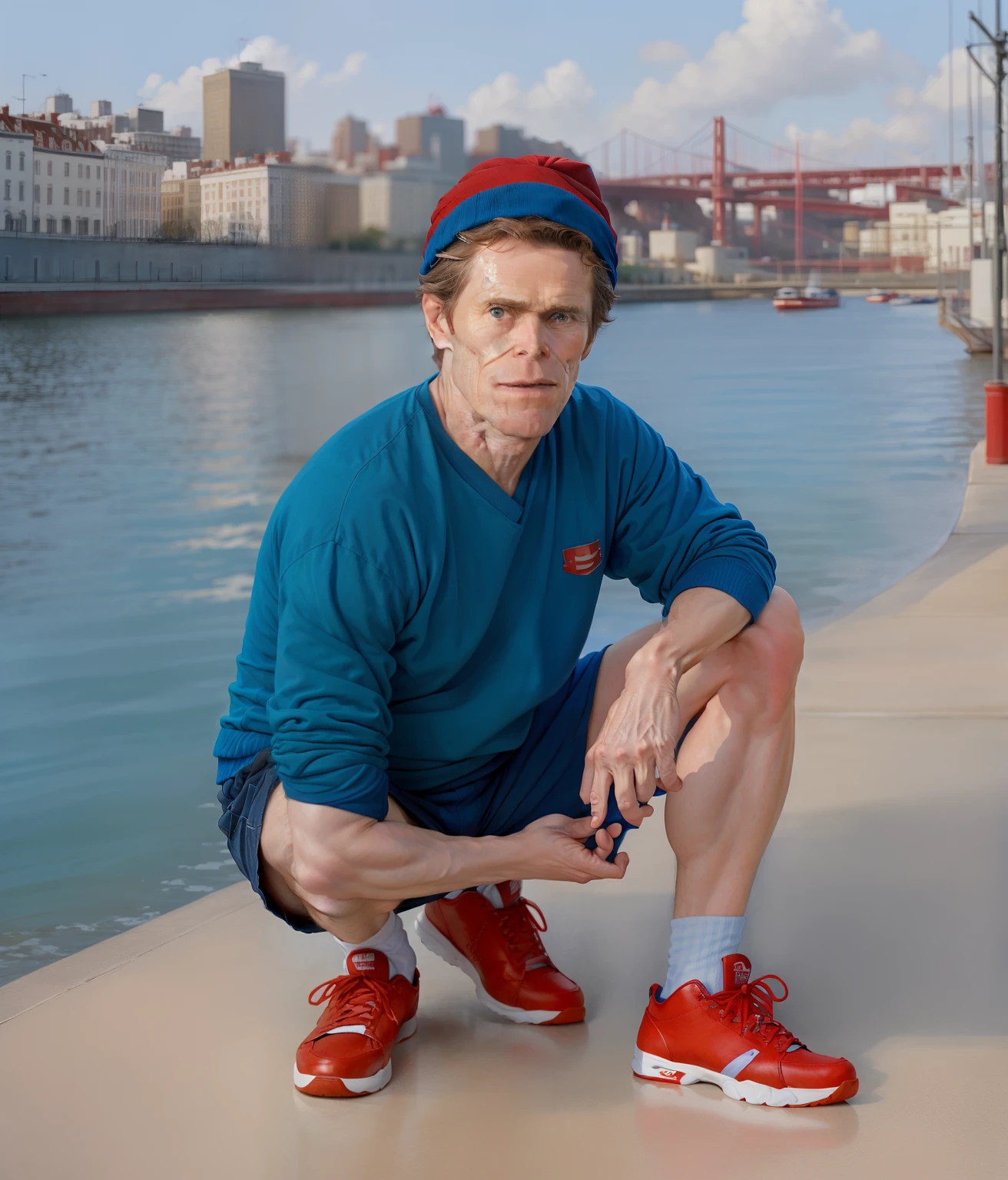 (lifelike realism) William Dafoe wearing blue clothes and a red durag and white shoes, lifelike picture of William Dafoe wearing blue, red durag