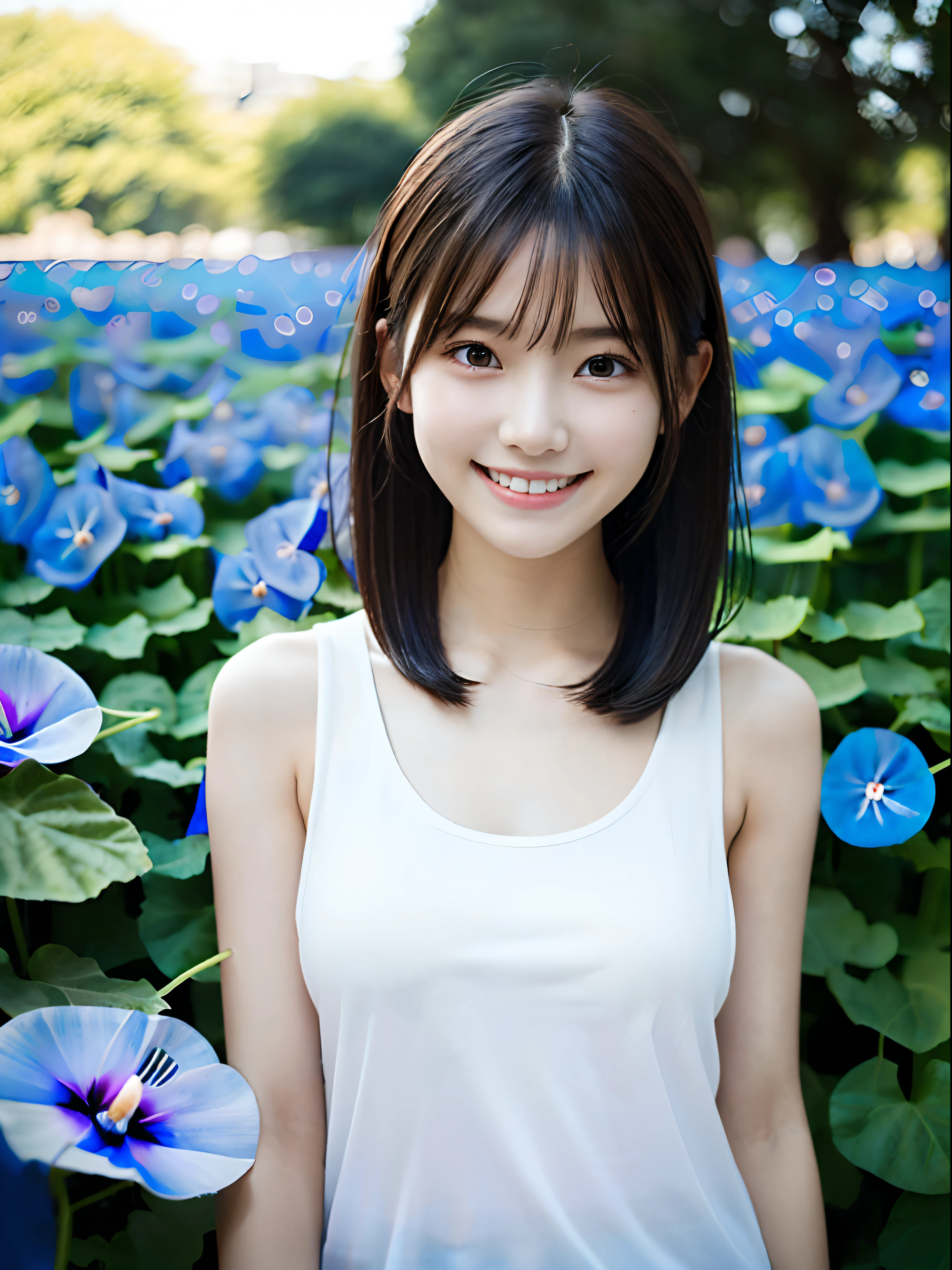 (Naked girl with slender small breasts with twin-tailed hair in white tank top:1.5)、(Smiling girl looking at morning glory flowers:1.5)、(Blue Sky Park:1.3)、(tre anatomically correct:1.3)、(complete hands:1.3)、(complete fingers:1.3)、Photorealsitic、Raw photography、masutepiece、top-quality、Hi-Res、delicate and pretty、face perfect、Beautiful detailed eyes、Fair skin、Real Human Skin、pores、((thin legs))、(Dark hair)