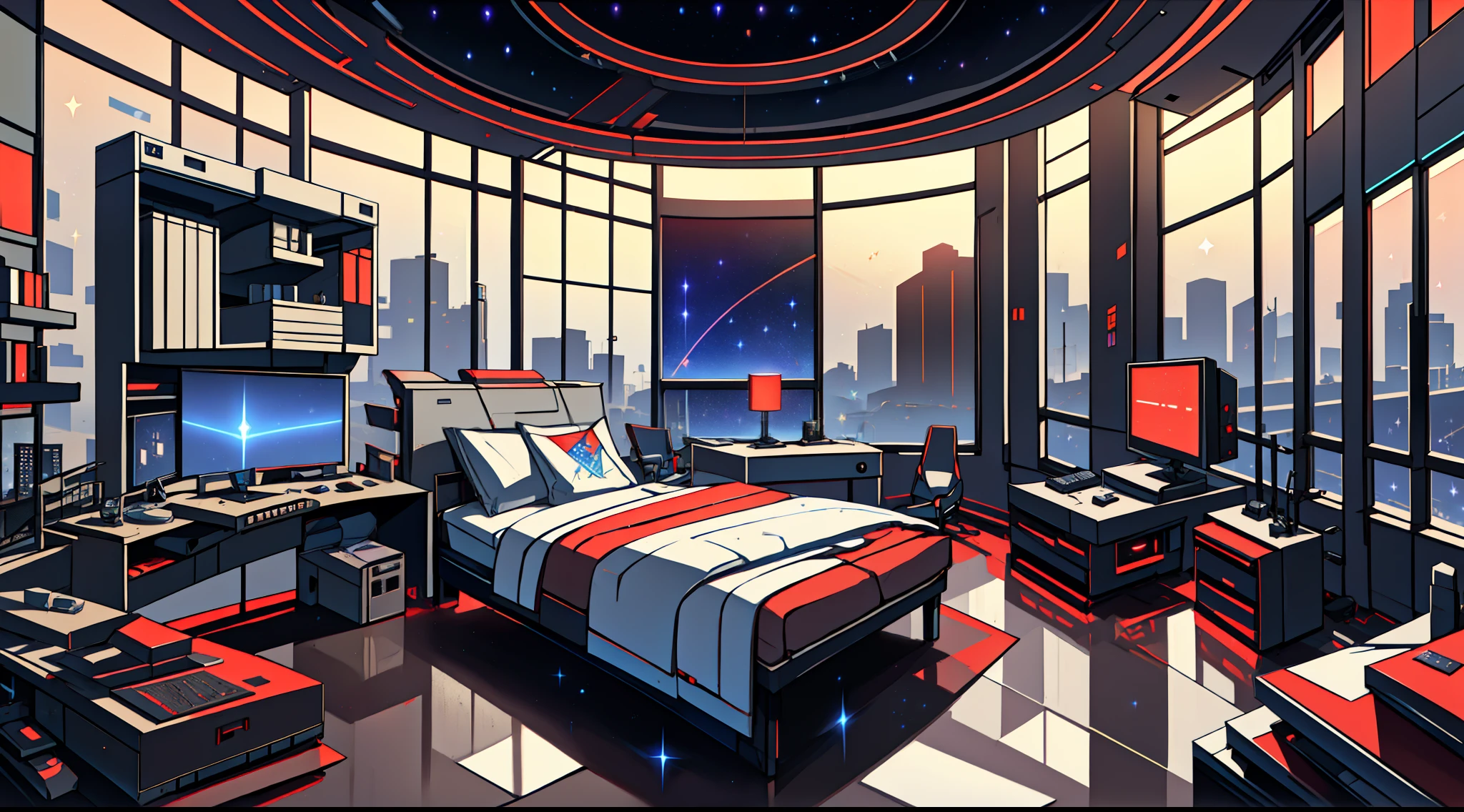 Warm Light Source Cyberpunk Calm Night Tech Bedroom Computer Desk Microphone Light Computer Water Dispenser Small Fluorescent Starry Sky Smooth Floor Red Fox Deconstructivism Fragmentation Gorgeous Sculpture Floor-to-ceiling windows Lightweight bed Camera chair Game Interface Crimson Dark environment Ambilight