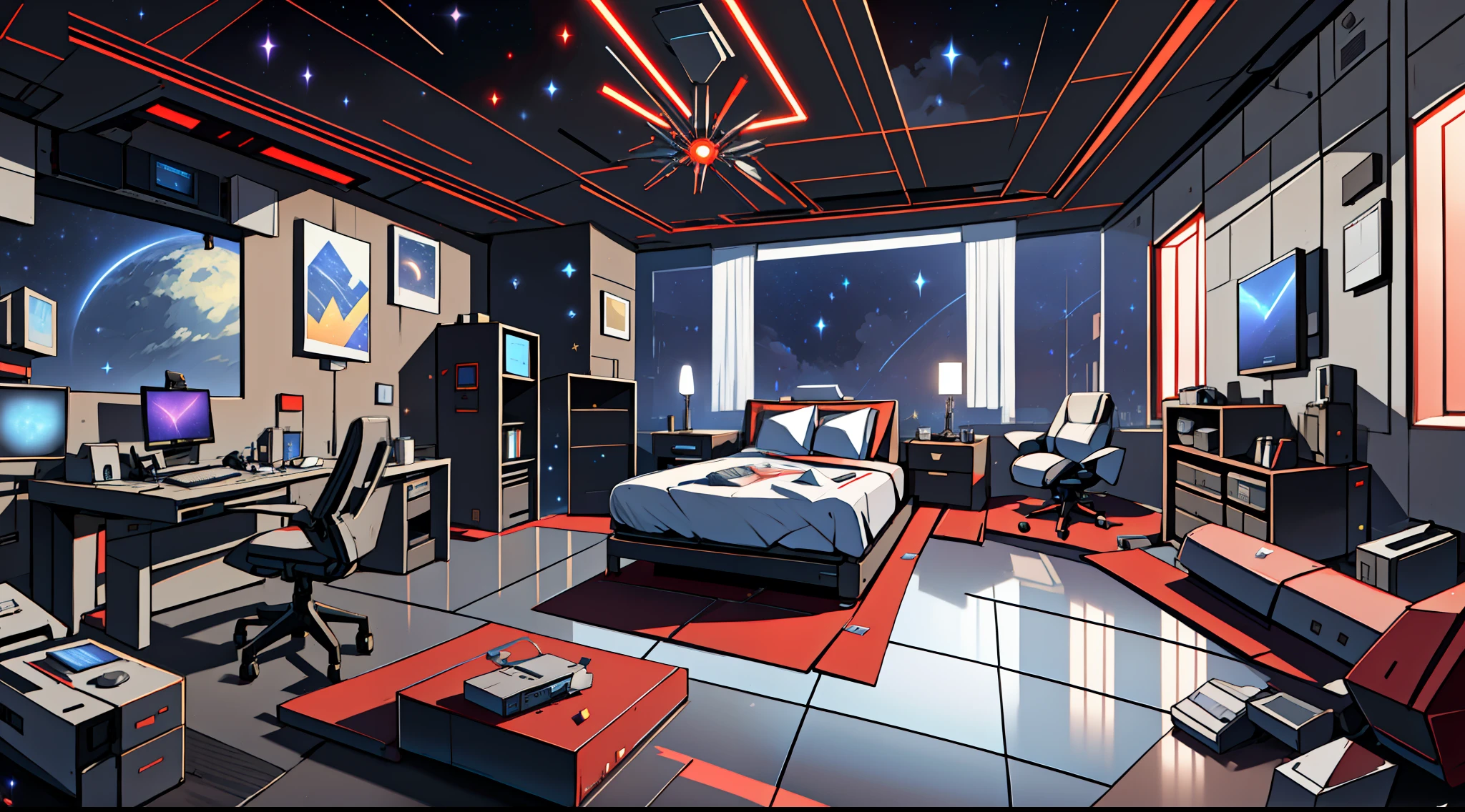 Warm Light Source Cyberpunk Calm Night Tech Bedroom Computer Desk Microphone Light Computer Water Dispenser Small Fluorescent Starry Sky Smooth Floor Red Fox Deconstructivism Fragmentation Gorgeous Sculpture Floor-to-ceiling windows Lightweight bed Camera chair Game Interface Crimson Dark environment Ambilight