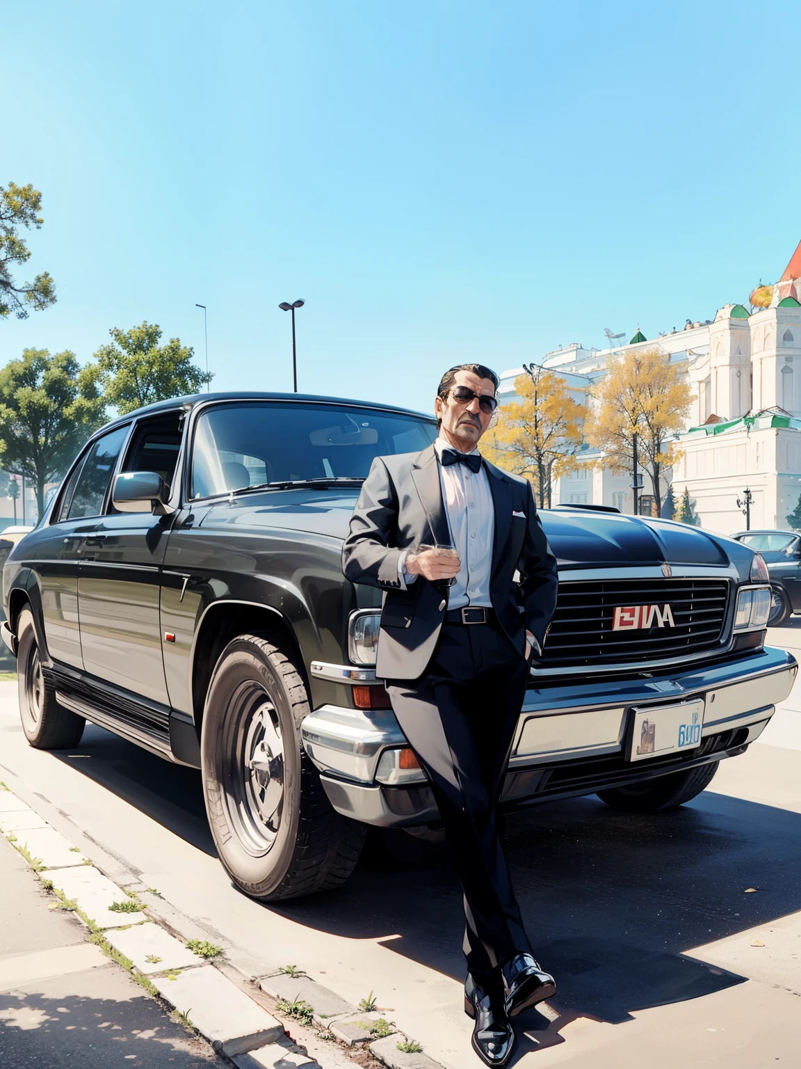 (Mafia Boss) ((The Man in the Jacket)) (((Moscow in the background))) A glass of alcohol in hand, a confident look, a night, a luxurious, old, black car, in the style of late Soviet animation, in the style of Soviet posters, in the style of Soviet advertising, a masterpiece, excellent quality, 8k, excellent graphics