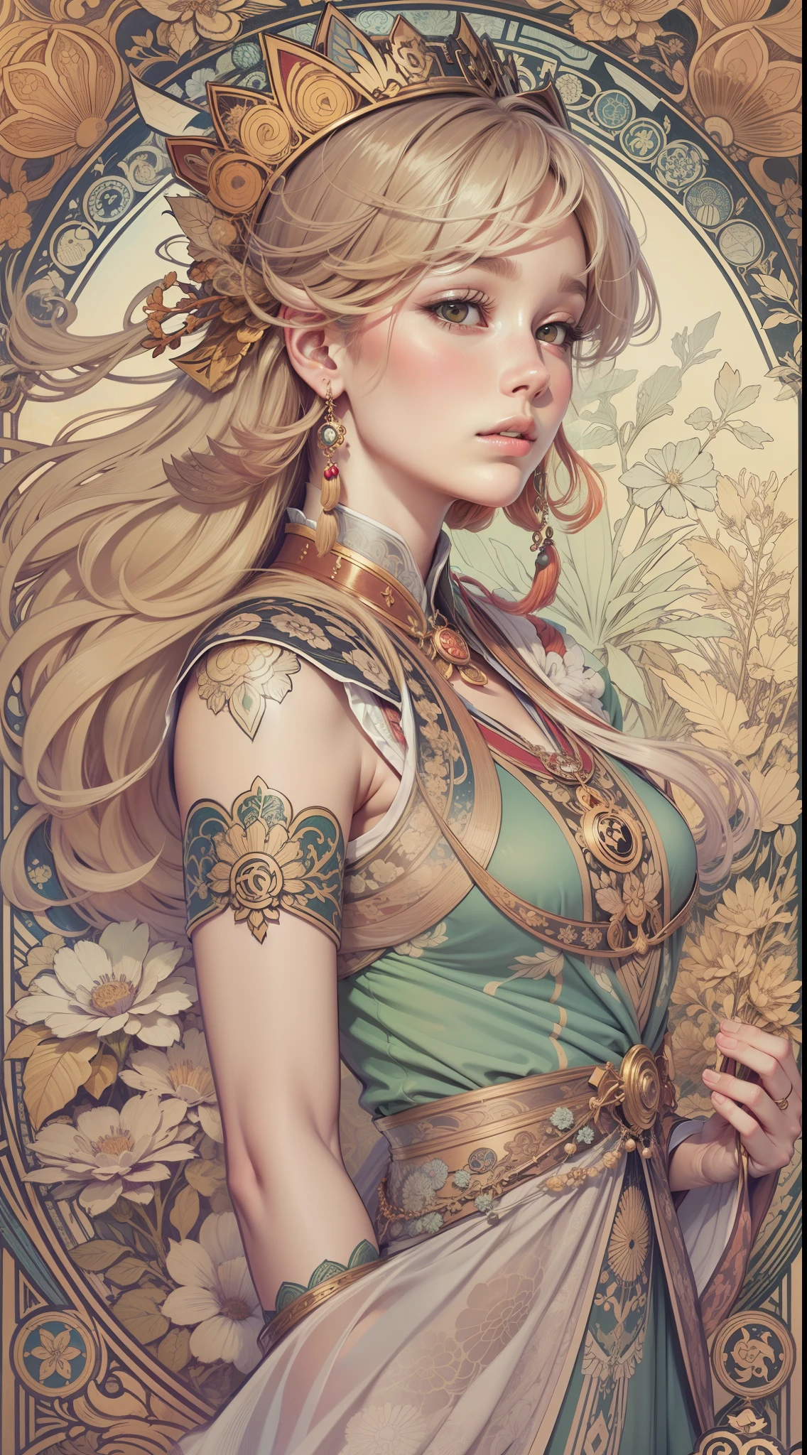 Genshin, beautiful girl, light hair, tarot card art, line art, clean line art, Nature-themed coloring mandala, colorful, simple and clean line art, adorned in Art Nouveau style, Alfons Mucha, perfect intricate details, realistic.