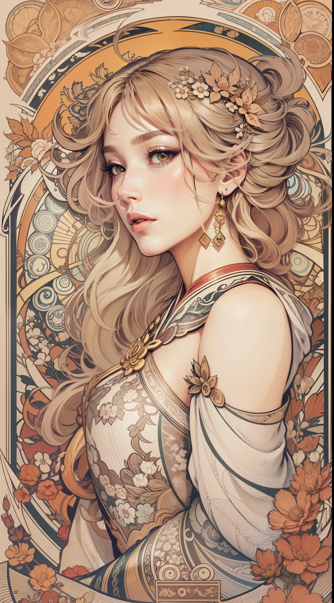 Genshin, beautiful girl, light hair, tarot card art, line art, clean line art, Nature-themed coloring mandala, colorful, simple and clean line art, adorned in Art Nouveau style, Alfons Mucha, perfect intricate details, realistic.