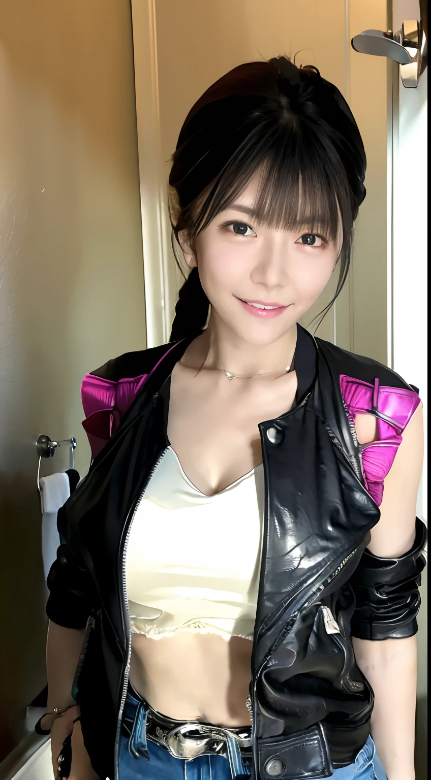 (ultra best quality、8K、masuter piece、delicate illustration、sexypose、full body Esbian、wetting hair、A beautiful and bewitching Japanese 25-year-old woman、perspiring、Hands hide)、(Shocking pink and white metallic hero suit with a futuristic fit:1.2) 、(Very plump body 1.1、Super Big 1.2)、smiling at the viewer、A dark-haired、Emphasizes cleavage、