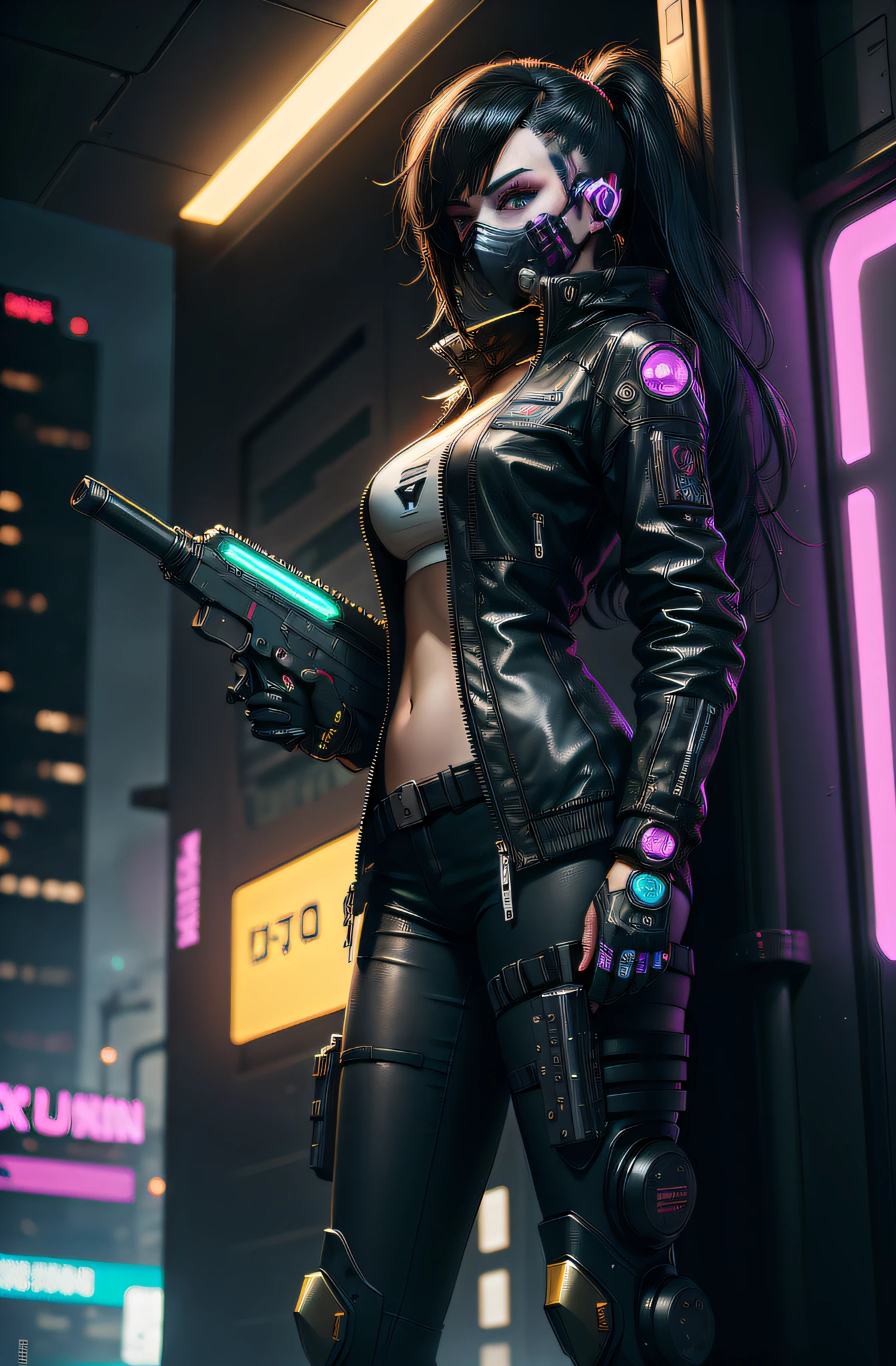 a close up of a person with a gun and a hood on, cyberpunk art, trending on Artstation, neoism, cyberpunk assassin, cyberpunk anime girl in hoodie, female assassin, mechanized soldier girl, cyberpunk anime girl mech, of a sniper girl in war, anime cyberpunk art, cyberpunk character design, full body shot, shooting stance
