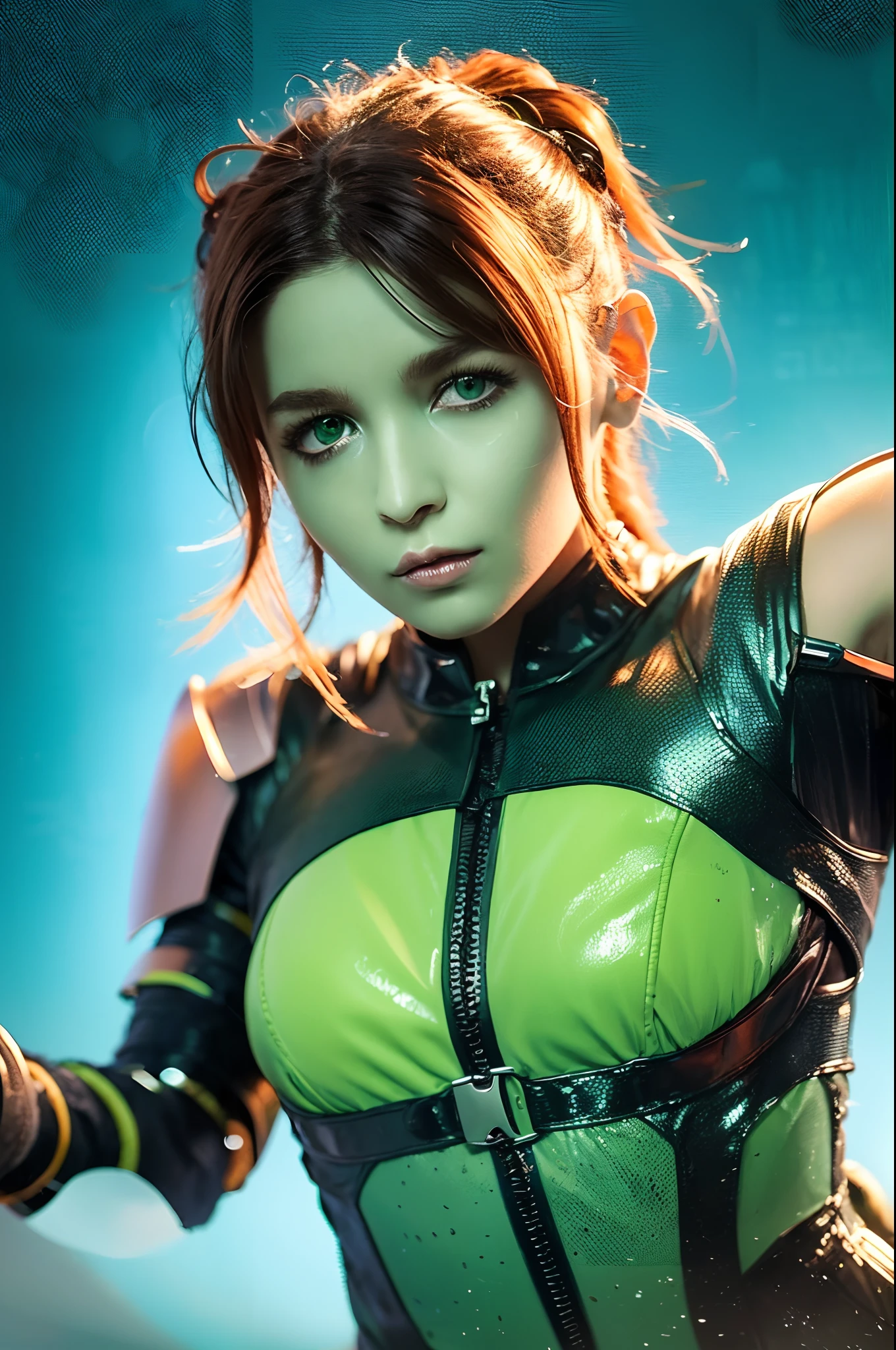 8K, Fuji Film, Photography, ((Green)) , Female redhead assassin and green background, Green eyes, American actress face, Science fiction, fatal, scybernetic, Cyberpunk, Future punk, technical suit, Dynamic pose, Fighting stance, Highly detailed, absurderes, (Best quality), Full armor, Mecha, cybersuit, exosuit, Cape, ((green solid color backdrop)), Natural skin, Photography, Lifelike, Sexy, Busty, Cyberpunk , futur, fcPortrait,