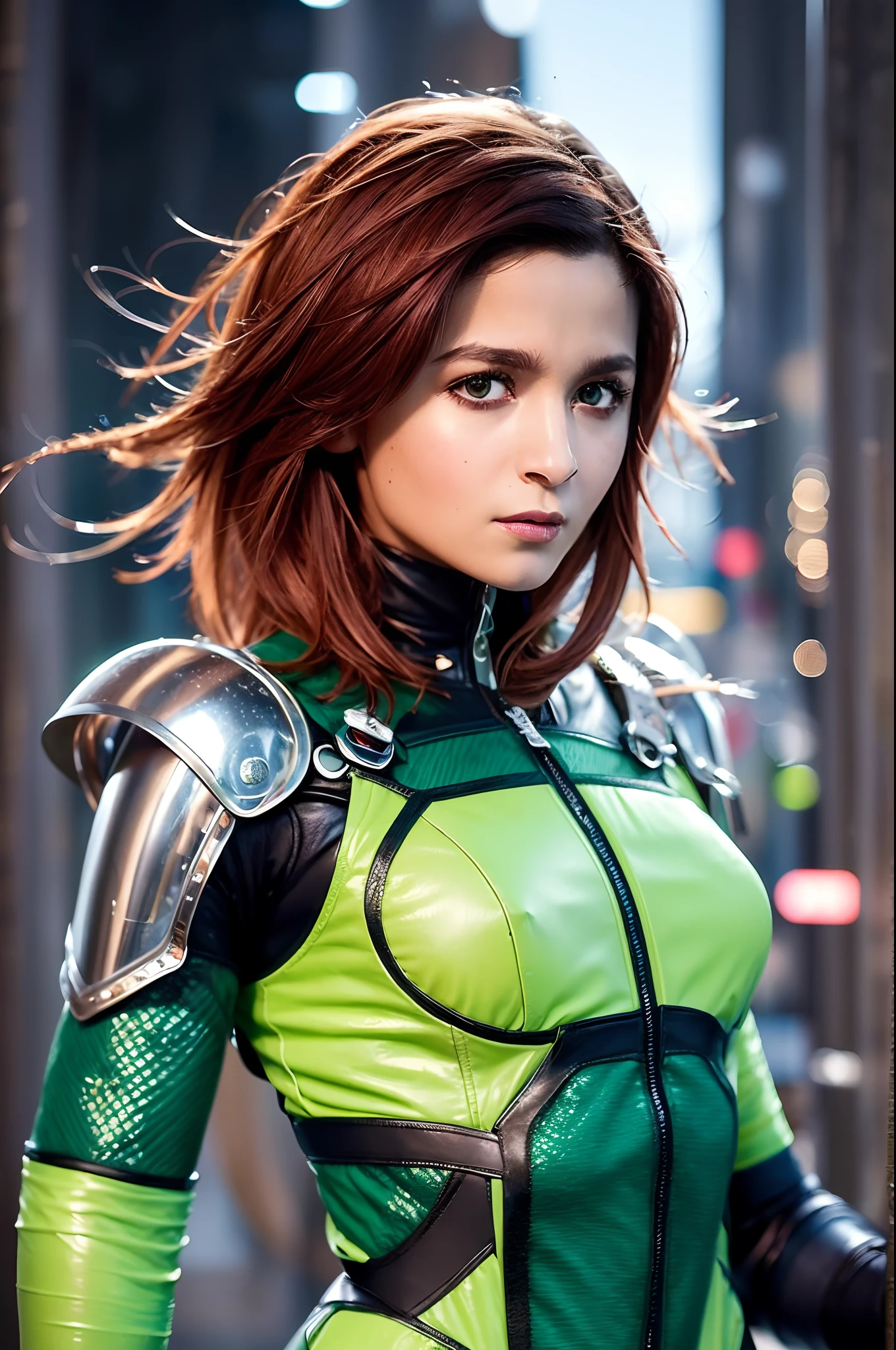 8K, Fuji Film, Photography, ((Green)) , Female redhead assassin and green background, Green eyes, American actress face, Science fiction, fatal, scybernetic, Cyberpunk, Future punk, technical suit, Dynamic pose, Fighting stance, Highly detailed, absurderes, (Best quality), Full armor, Mecha, cybersuit, exosuit, Cape, ((green solid color backdrop)), Natural skin, Photography, Lifelike, Sexy, Busty, Cyberpunk , futur, fcPortrait,