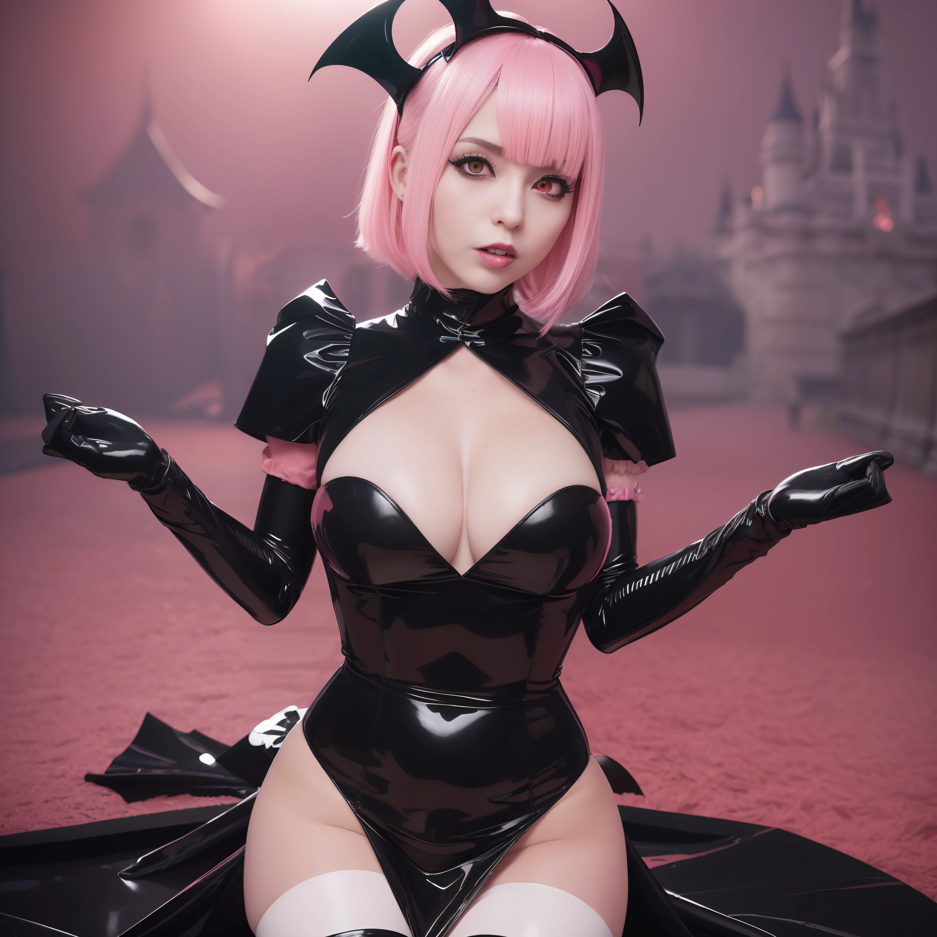 masutepiece,A hyper-realistic,32K,the Extremely Detailed CG Unity 8K Wallpapers, Best Quality,((Solo)),(Black and pink shiny latex vampire costume), Green Bob Hair,grinning,Devil makeup,(Pink latex gloves),black latex skirt,Full body,In front of the castle,((with vampire fang)),((beautiful red pupils)),latex cape