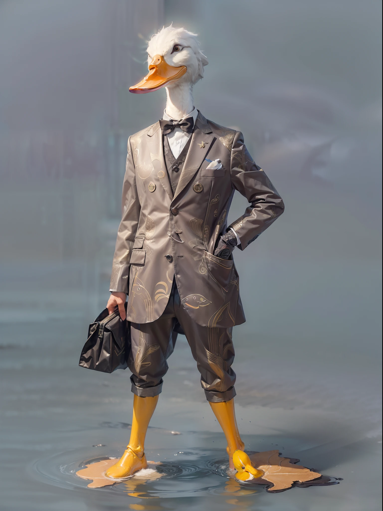 (((fullbody image、Standing posture)))、(Full body duck standing upright in luxury business suit、Humanoid ducks、Cool anthropomorphic duck with long legs)、​masterpiece, top-quality, in 8K , intricate detailes, ultra-detailliert , light Particle、32K Digital Paint, Hyper-Realism, No background