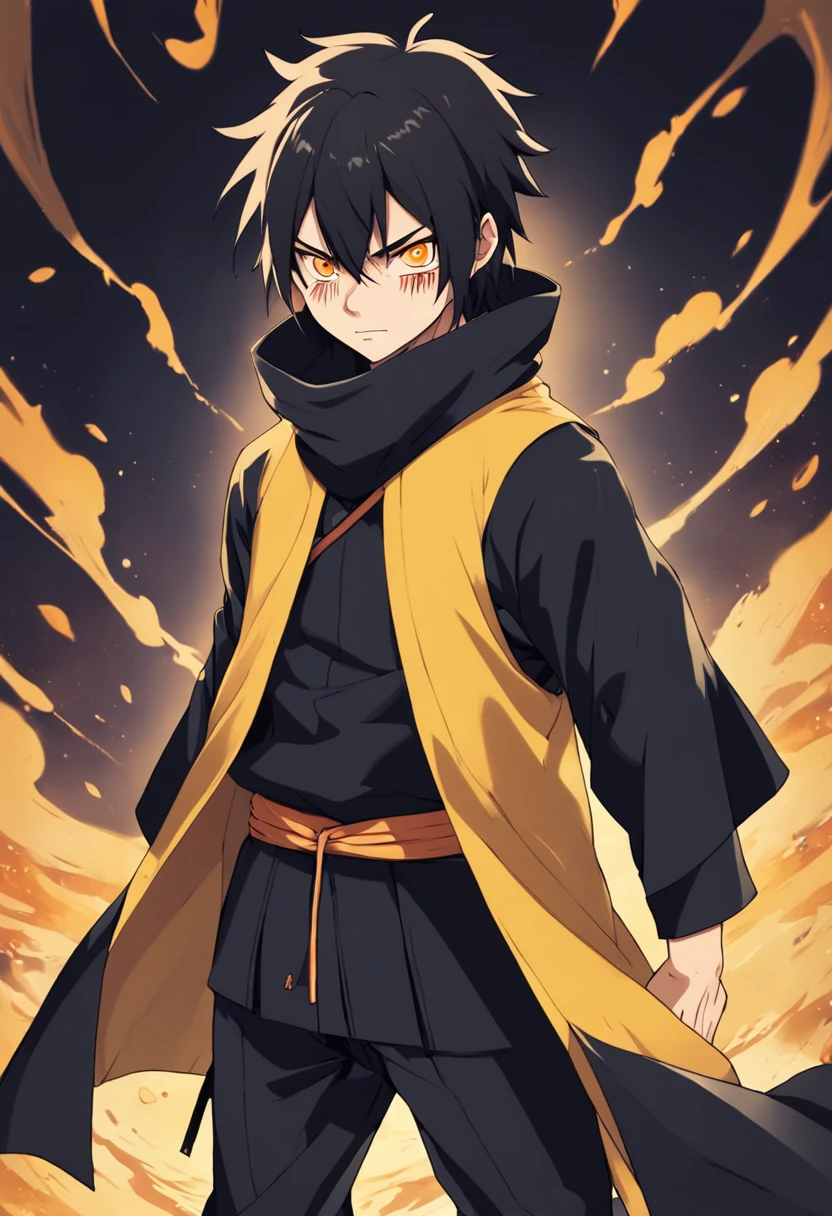 ninja no estilo do anime naruto, anime man, usando um poncho preto, cabelo legal, cicatriz no olho, cabelo preto e amarelo, black trousers, bandana, rinegan amarelo no olho direito, luvas pretas, Chidori in the left hand, vila ninja no background