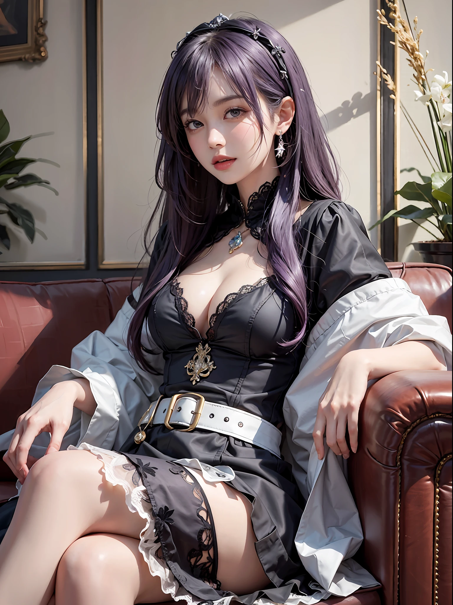 Masterpiece, intricate detail, 8k, hires, ultra detailed, extremely delicate and beautiful, Imagine a scene where a woman with a slight smile, adorned in a purple-haired, long-haired, and wearing a black maid outfit, is seated on a living room sofa. The setting captures a blend of charm and relaxation, as she exudes an air of comfort and elegance amidst the cozy ambiance.