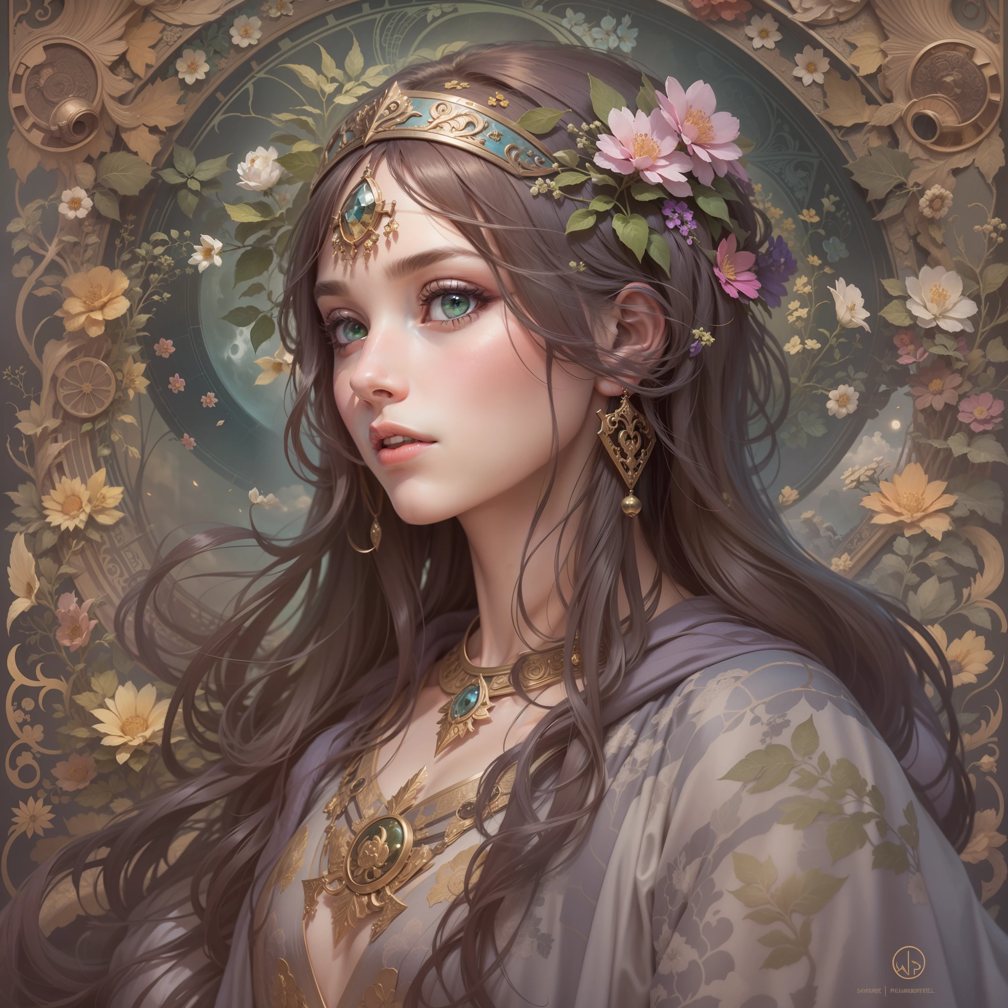 1 girl，woman, upper body，Green eyes，european woman face portrait，long shapeless hair, Shiny skin, Detailed face, wearing patterned robe， Sumeru，Clouds, moon，tarot card layout，Best quality, Masterpiece, (Realistic:0.6), Realistic lighting,Flower frame， Decorative panels， abstract artistic， Alphonse Mucha （tmasterpiece， best qualtiy， A high resolution： 1.4）， A detailed， Complicated details， 4K，cerulean， Line art， Fibonacci