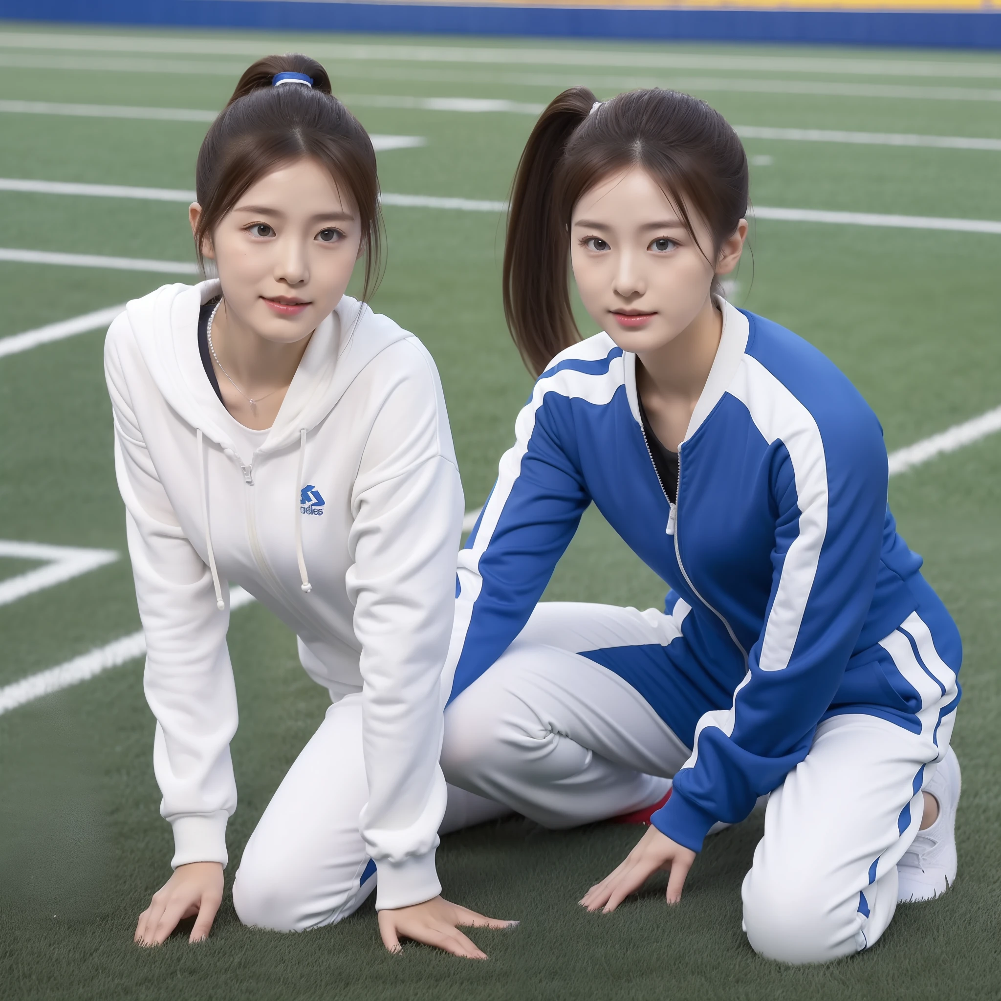 1 very beautiful female high school student，Wear blue and white tracksuits，Kneel on the grass of a football field and play with the ball，（Kneel on the grass:1.0），Super high value，perfect body figure，Beautiful short ponytail，Delicate hair，Fair face and skin，Beads of sweat，Have fun on the playground，The breasts are full and huge:1.5，Chest bulge，（The tracksuit on the chest is high and bulging, Tightness and bulging:1.5），Delicate fair and soft toes，White and delicate fingers，（Delicate sneakers:1.5），fully body photo
