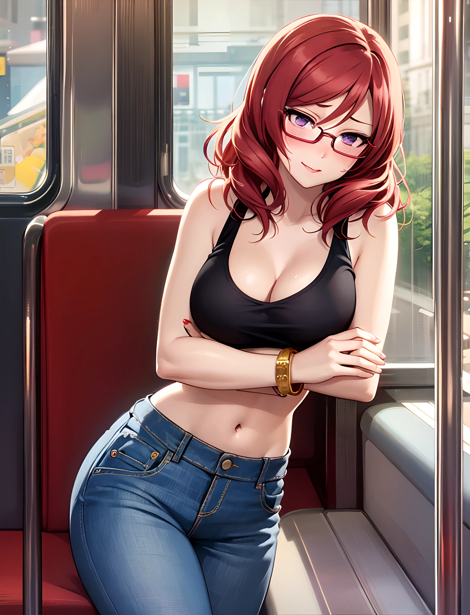 Hugged from behind by old man,Nishikino maki, Purple eyes, red hair, lipstick,red tank top, denim pants,low waist pants,glasses, bracelet, cleavage, realistic art, cowboy shot, sexy, on train , embarrassed