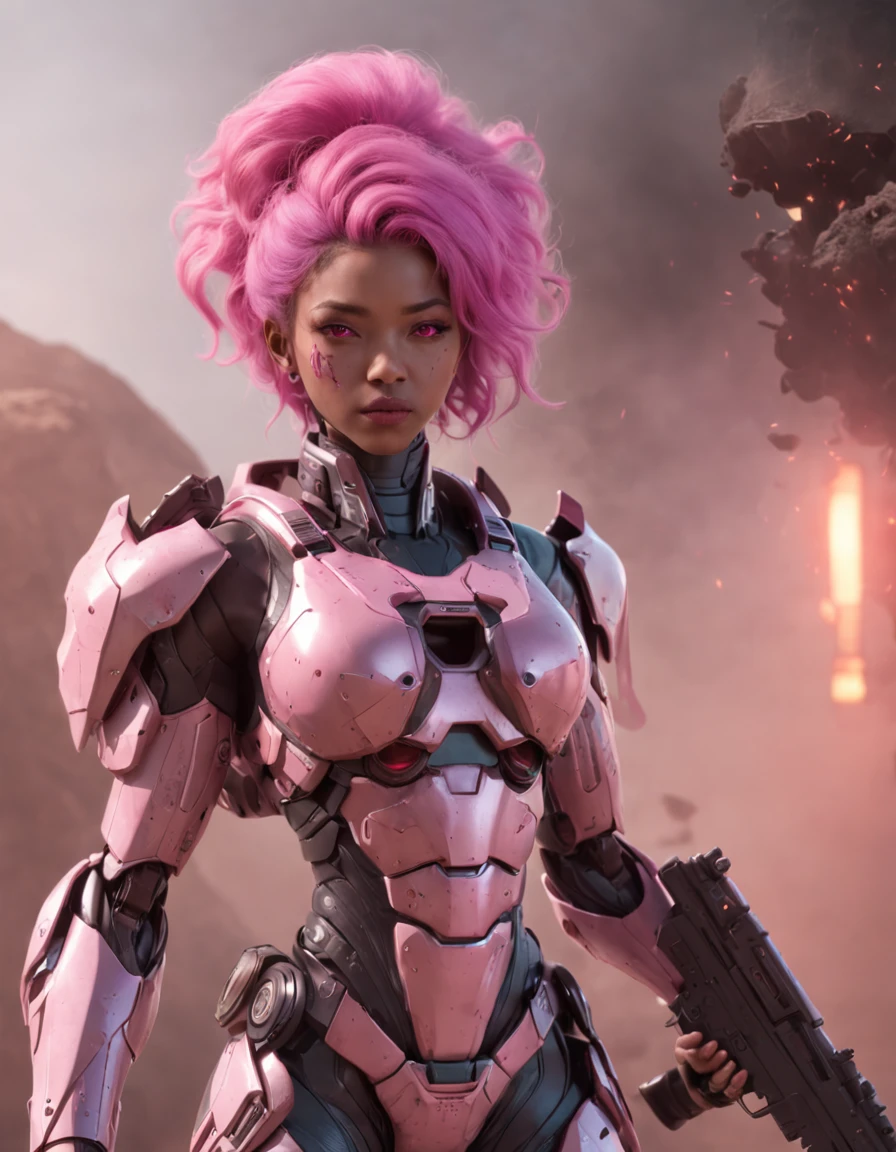 REALISTIC ANIME STYLE, JAPANESE ANIME, REAL ANIME, RAGE UNLEASHED, ANGRY, afro asian cute woman cyborg soldier HEAVY CYBERNETIC ARMOR, NEON PINK SNIPER RIFFLE, glowing PINK eyes, heavy mecha armor, cybernetic, cyberpunk SNIPER, on planet venus, wasteland, apocalypse, barren venus planet, cinematic, volume lighting, PURPLE SMOKE EXPLOSION