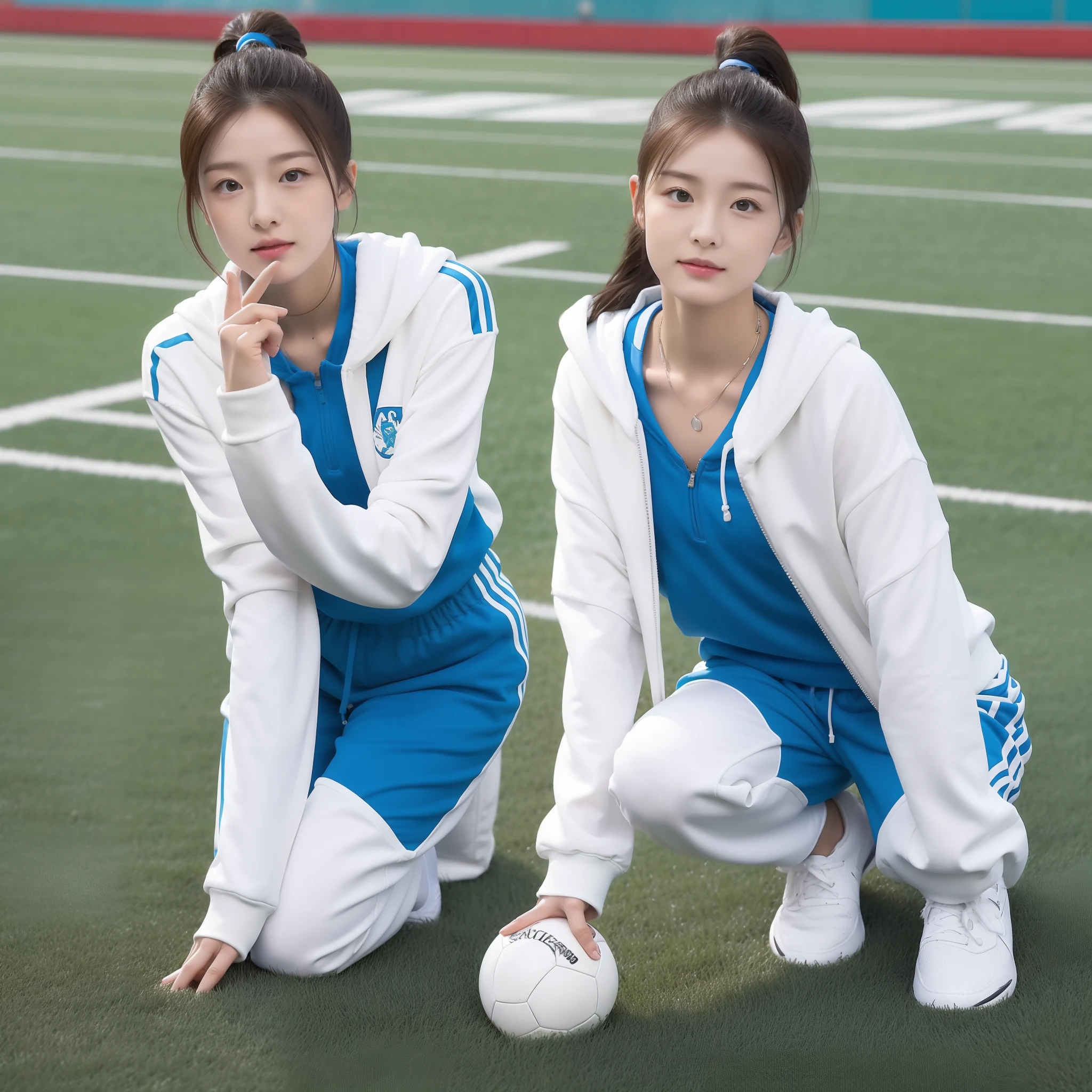 1 very beautiful female high school student,Wear blue and white tracksuits,Kneel on the grass of a football field and play with the ball,(Kneel on the grass:1.0),Super high value,perfect body figure,Beautiful short ponytail,Delicate hair,Fair face and skin,Beads of sweat,Have fun on the playground,The breasts are full and huge:1.5,Chest bulge,(The tracksuit on the chest is high and bulging, Tightness and bulging:1.5),Delicate fair and soft toes,White and delicate fingers,(Delicate sneakers:1.5),fully body photo