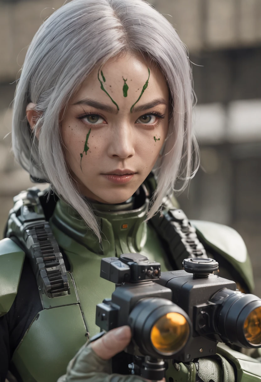 REALISTIC ANIME STYLE, JAPANESE ANIME, REAL ANIME, RAGE UNLEASHED, ANGRY, binoculars eyes, african american old man, white long beard cyborg soldier CAMERA LENSE HELM, ZOOM LENS GUN, GREEN HAMMER, GREEN CURLY SHORT HAIR, REFLECTIVE LENS EYES, heavy mecha armor, cybernetic, cyberpunk SPY, on planet venus, wasteland, apocalypse, barren venus planet, cinematic, volume lighting, PURPLE SMOKE EXPLOSION