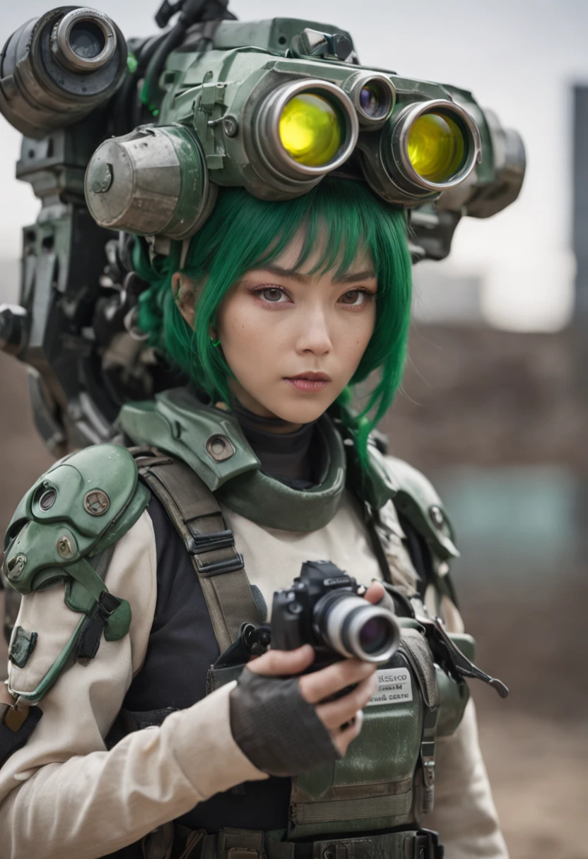 REALISTIC ANIME STYLE, JAPANESE ANIME, REAL ANIME, RAGE UNLEASHED, ANGRY, binoculars eyes, african american old man, white long beard cyborg soldier CAMERA LENSE HELM, ZOOM LENS GUN, GREEN HAMMER, GREEN CURLY SHORT HAIR, REFLECTIVE LENS EYES, heavy mecha armor, cybernetic, cyberpunk SPY, on planet venus, wasteland, apocalypse, barren venus planet, cinematic, volume lighting, PURPLE SMOKE EXPLOSION