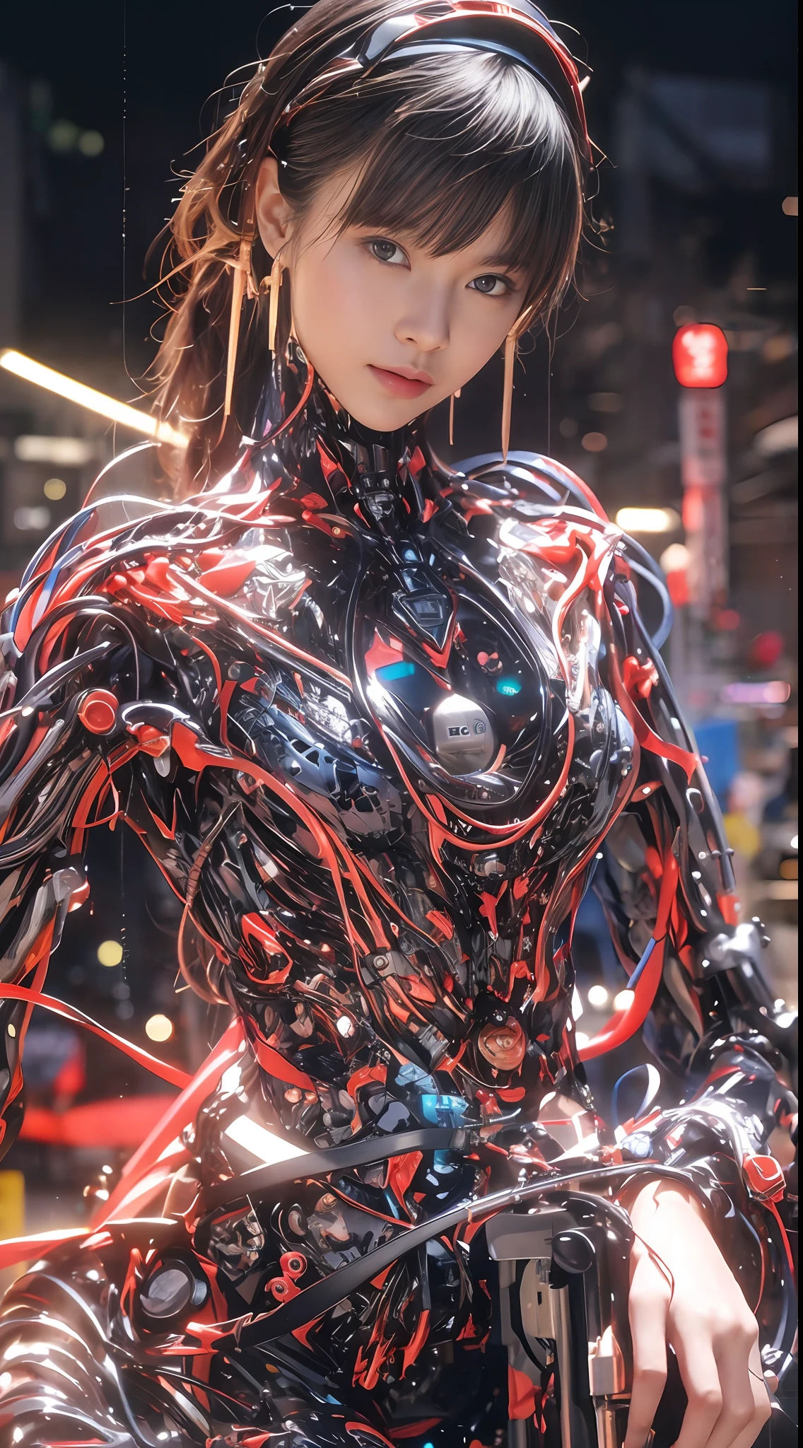 Top Quality, Masterpiece, Ultra High Resolution, (Photorealistic: 1.4), Raw Photo, 1 Girl, Black Hair, Glossy Skin, 1 Mechanical Girl, (Ultra Realistic Detail)), Portrait, Global Illumination, Shadows, Octane Rendering, 8K, Ultra Sharp, Big, Cleavage Exposed Raw Skin, Metal, Intricate Ornament Details, Japan Details, Very intricate details, realistic light, CGSoation trend, purple eyes, glowing eyes, facing the camera, neon details, mechanical limbs, blood vessels connected to the tube, mechanical vertebrae attached to the back, mechanical cervical attachment to the neck, sitting, wires and cables connecting to the head, gundam, small LED lamps,