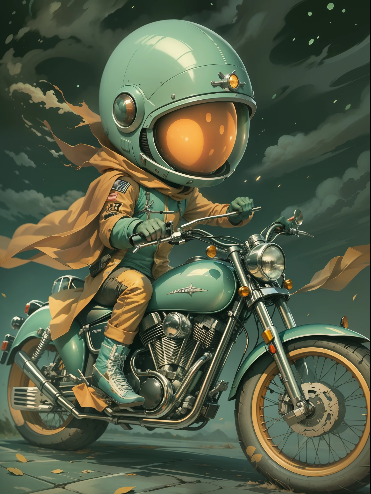 sobre arte, Cartoon, Um extraterrestrial pilotando uma motocicleta